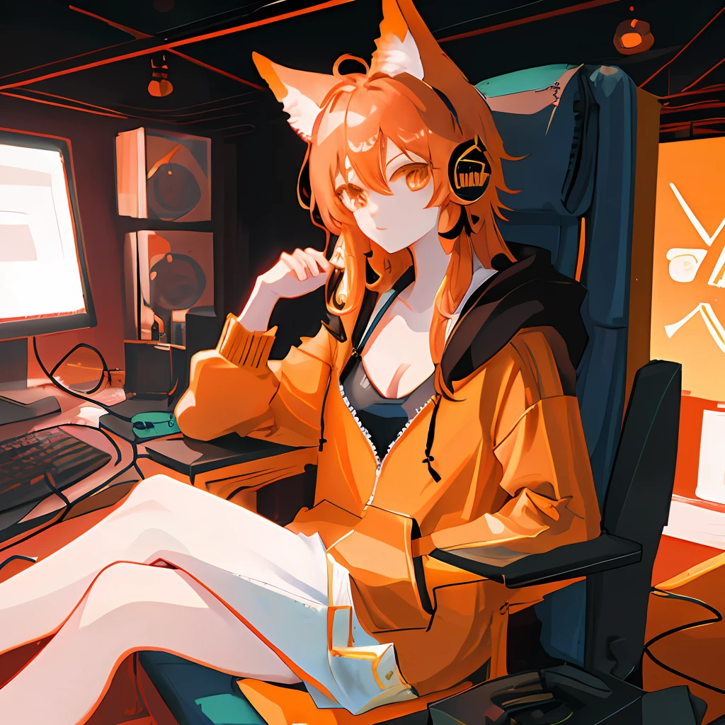 （tmasterpiece，Most Best Illustration，Best Manga），（extremy detailed，super-fine），独奏，1boys，（sitting in front of the computer：1.4），（Headset for gamers），（big cleavage breasts：1.3），（Bright colors），（wearing hoodie：1.8），（Extreme light and shadow，Volumetriclighting），800x.800 pixel art，animeaesthetic，red fox，Orange