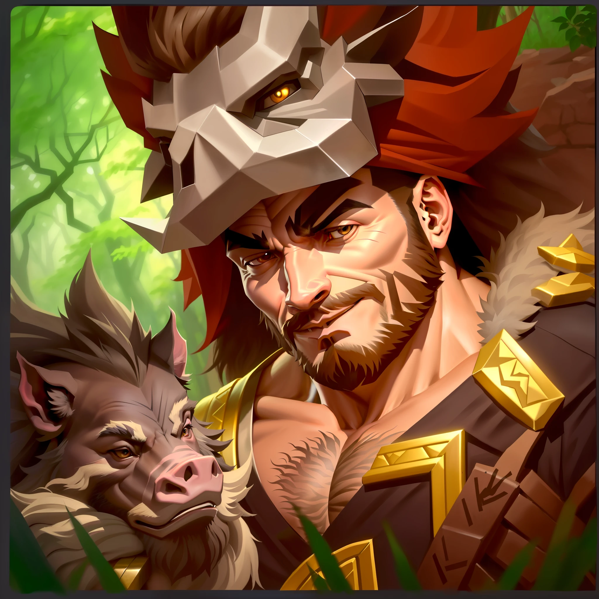 woodcutter,Wearing a boar hood,Silver eyes,High-end big nose,Brown spiny beard,He has strong pectoral muscles,The pet boar lies quietly on his right,The pig has two pairs of fangs at the corners of its mouth