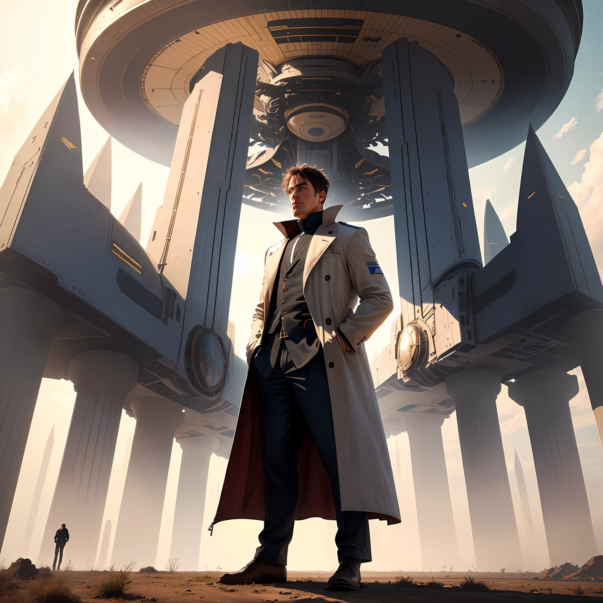 A man stands under a huge spaceship