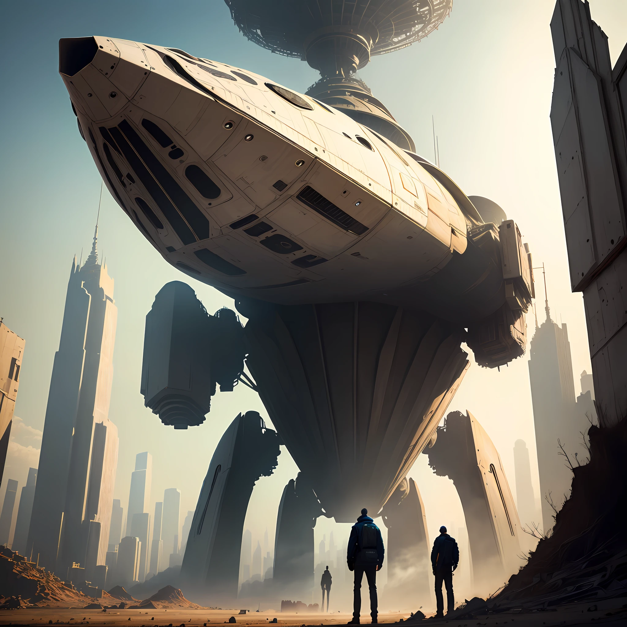 A man stands under a huge spaceship