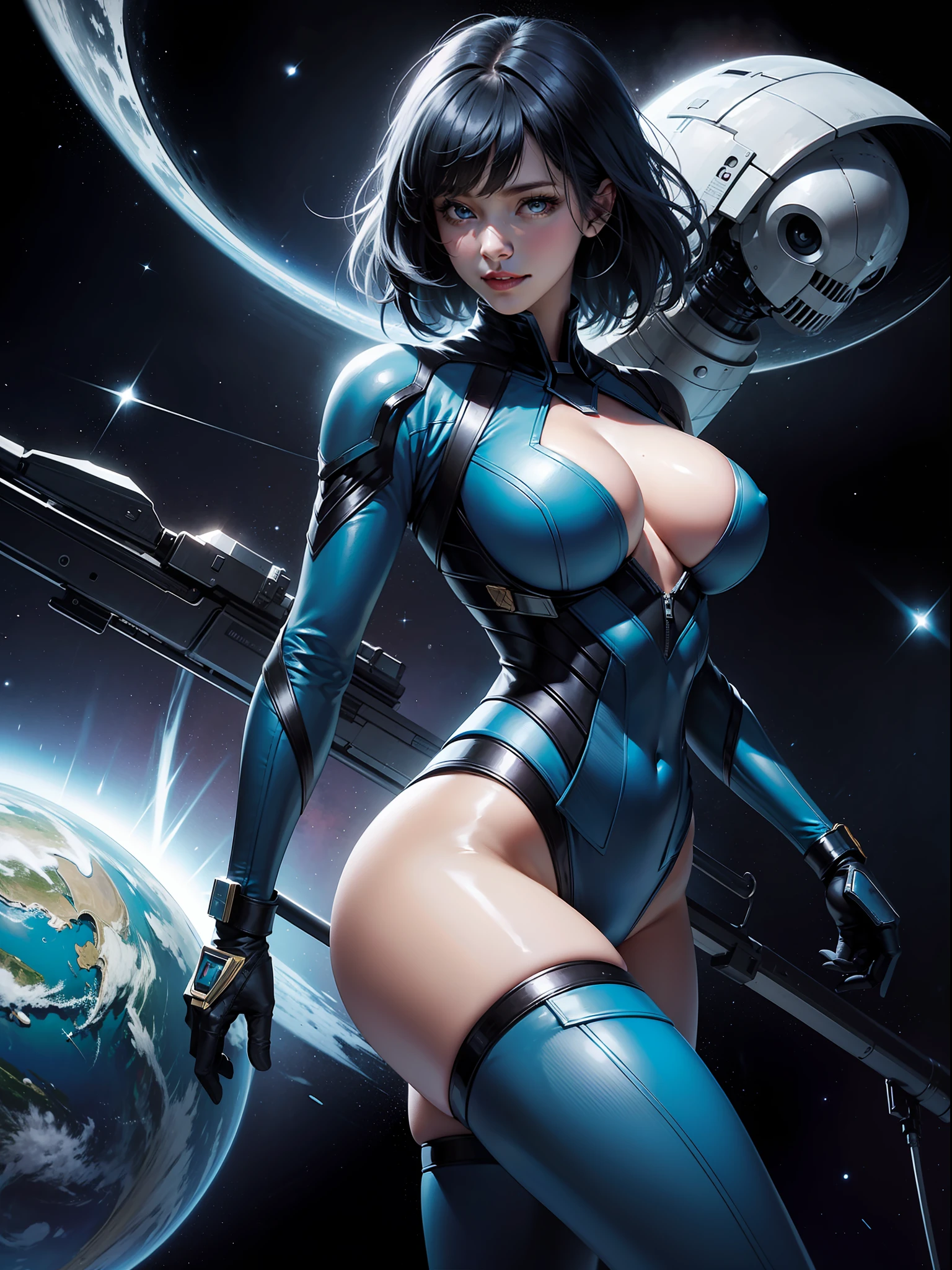 Nebula(Marvel Comics), 1girls, alien, alien girl, athletic female, big breasts, Big ass, blue-skinned female, blue-skinned face, blue body, breasts, busty female, female only, large breasts, long Dark-blue hair, solo, solo female, space, looking at the viewer, smiling back, in her won classic suit from early Marvel comics