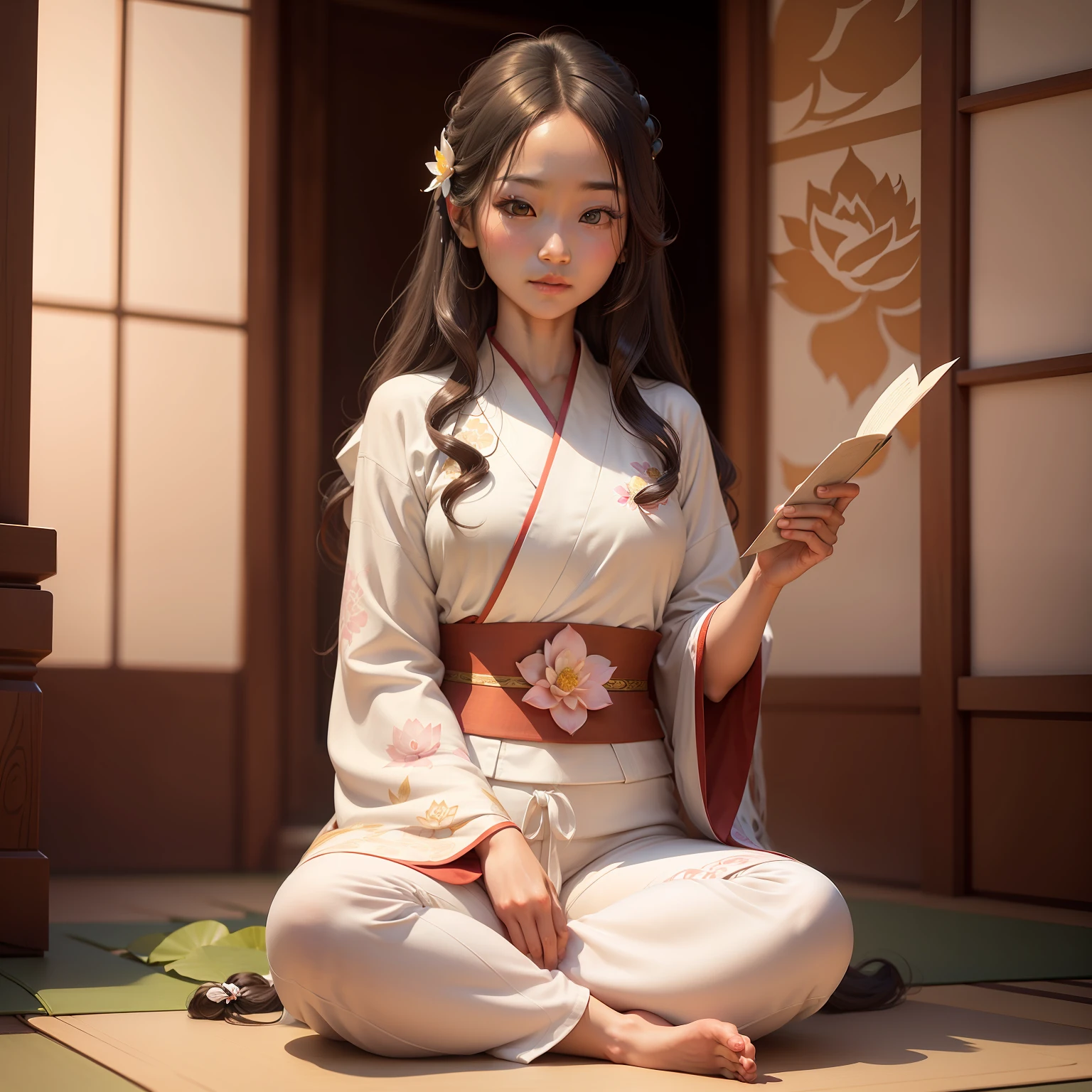Asian pretty girl with long wavy hair, pretty realistic eyes, two flowers in her hair, writing a poem, sitting in a lotus pose, she is wearing a white kimono and pants, representing a spiritual guru.