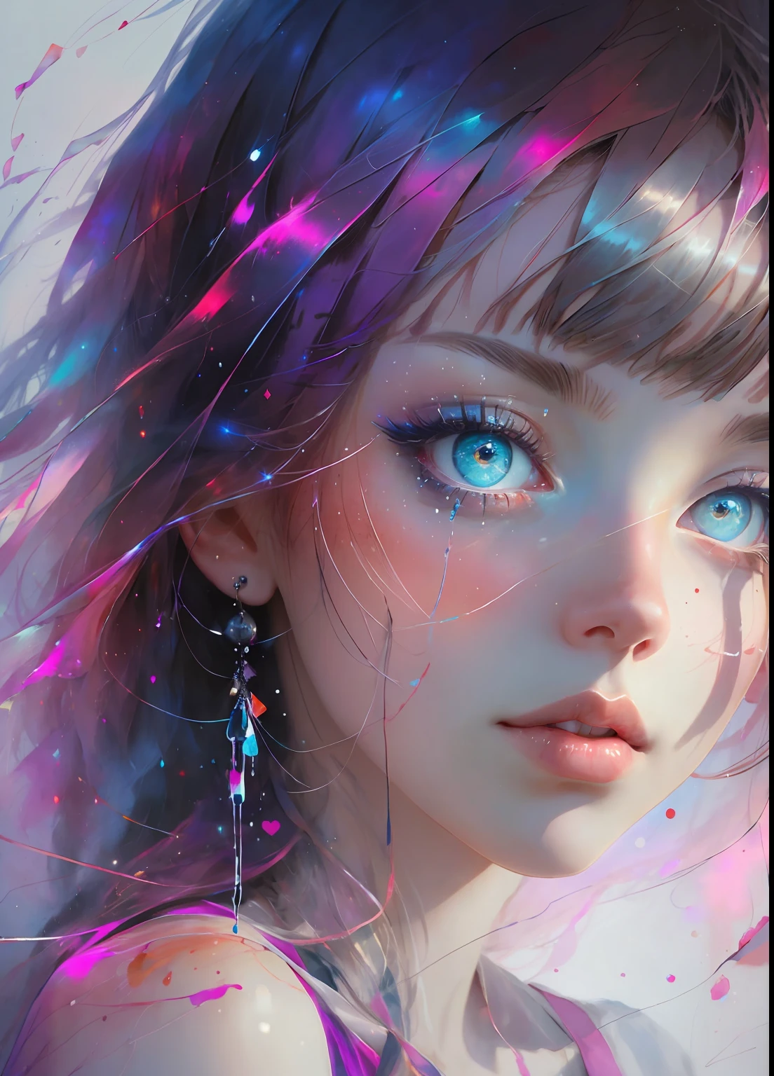 This is a dreamy and ethereal image. Generate a whimsical princess by Agnes Cecile with beautifully detailed and realistic eyes. Include ink drips and fairy lights. The colors used should be soft and pastel except for her eyes, which should be bold and realistically shaded. Include luminous, glitter, shimmer, and intricate detailing. This is a high quality image from world-class artist agnes cecile. ((masterpiece))