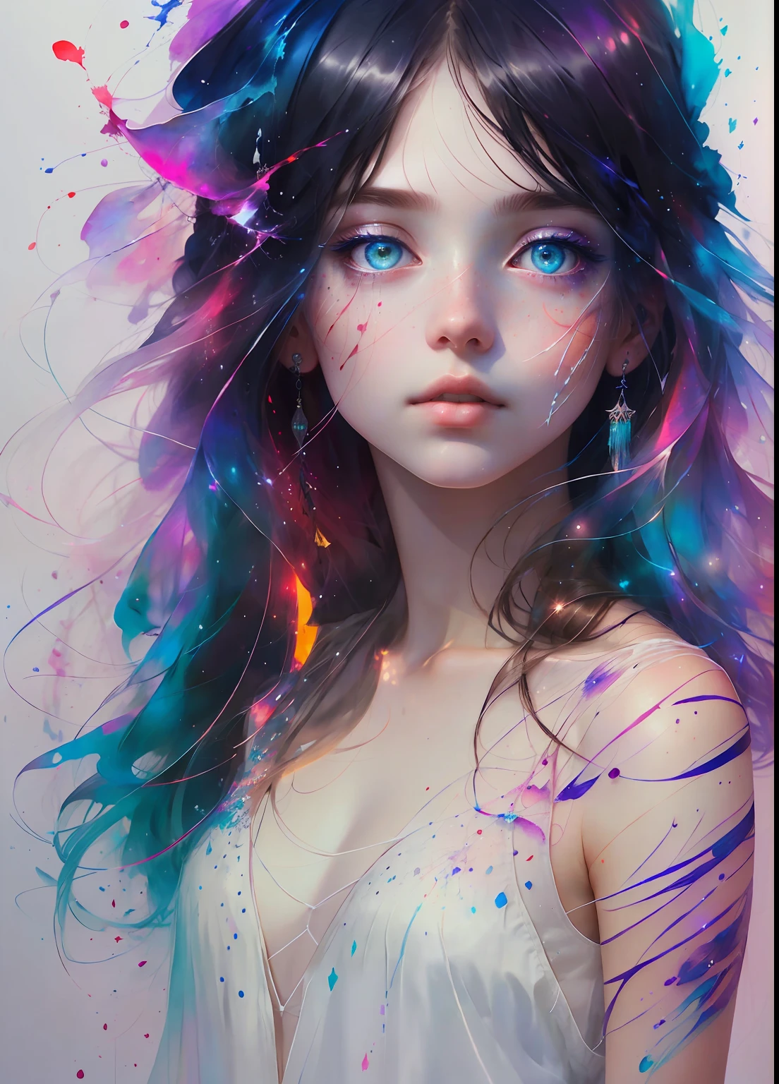 This is a dreamy and ethereal image. Generate a whimsical princess by Agnes Cecile with beautifully detailed and realistic eyes. Include ink drips and fairy lights. The colors used should be soft and pastel except for her eyes, which should be bold and realistically shaded. Include luminous, glitter, shimmer, and intricate detailing. This is a high quality image from world-class artist agnes cecile. ((masterpiece))