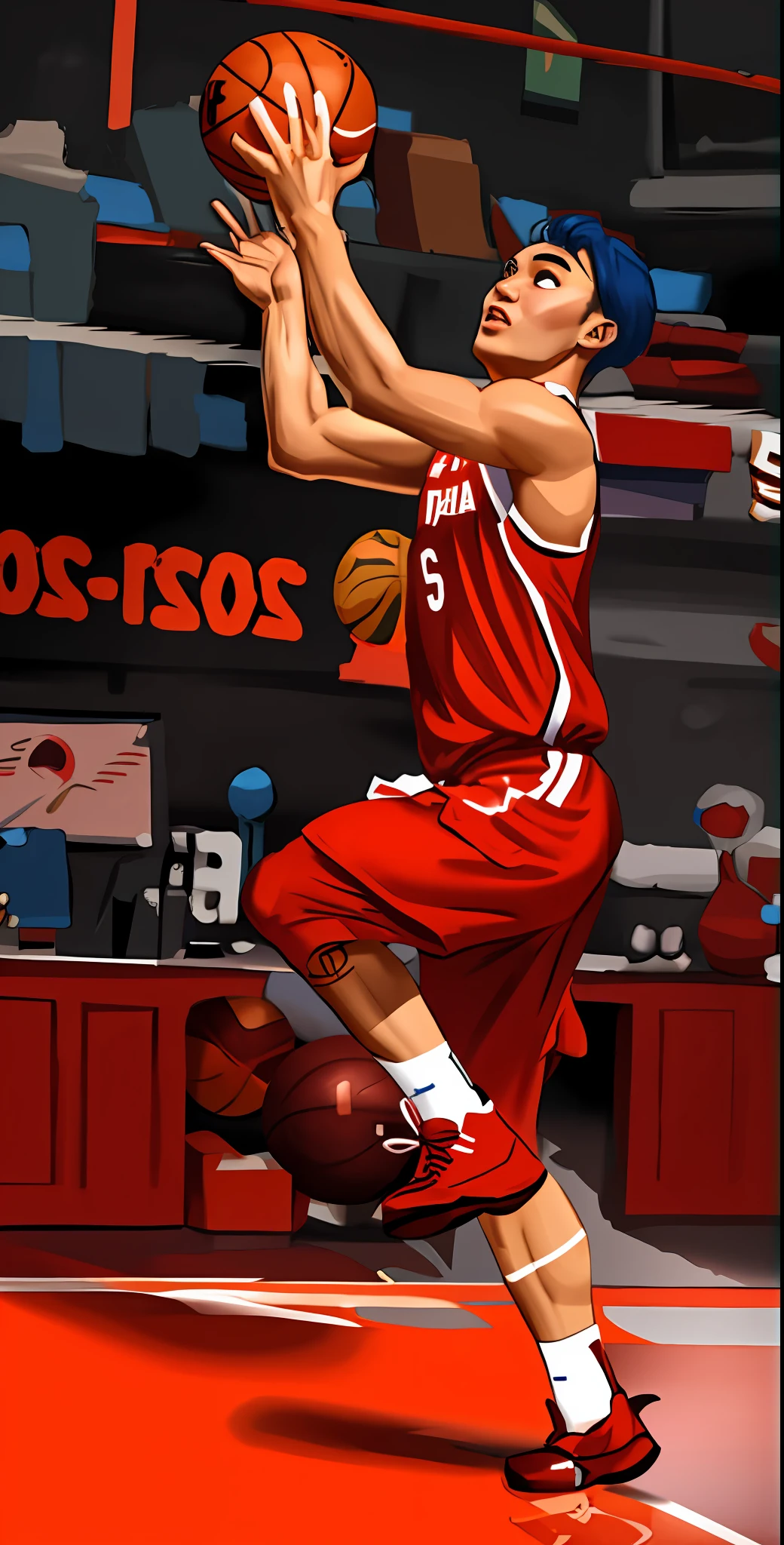 Line drawing，Line stroke，Xu Jie，（Face optimization：1.5），（Mouth optimization：1.5）（Eye optimization：1.5）hand painted style，lineworks，sense of strength，basketball player，Red clothes，basketball ball，Exquisite poster，best qualtiy，high high quality