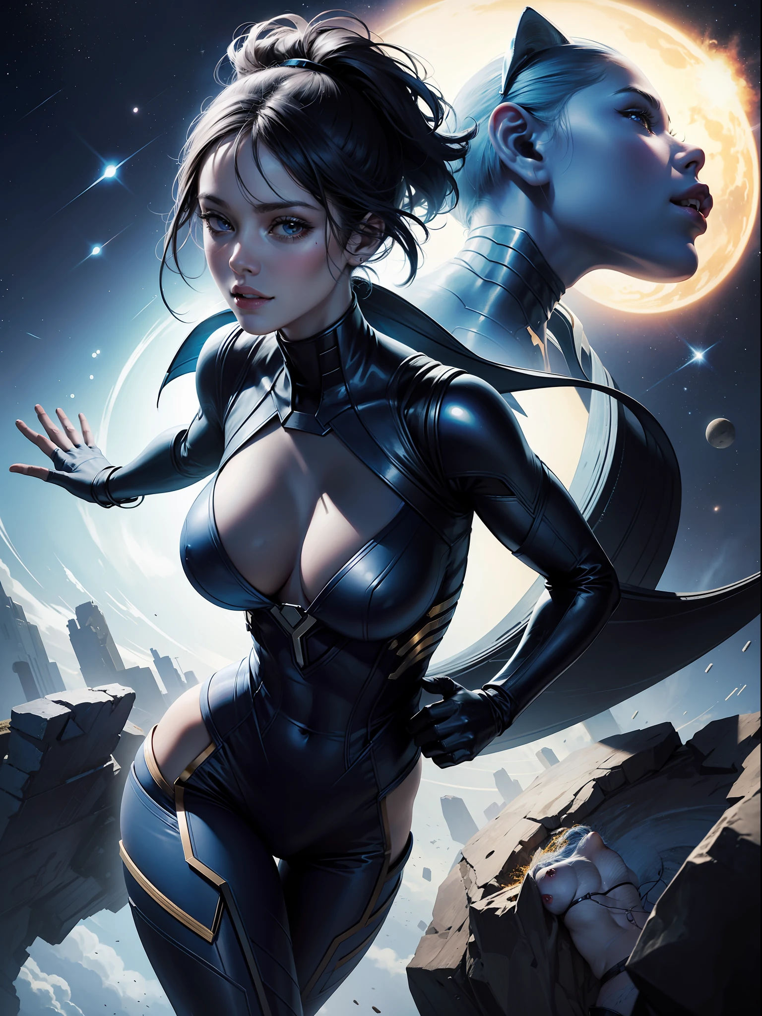 Nebula(Marvel Comics), 1girls, alien, alien girl, athletic female, big breasts, Big ass, blue-skinned female, blue-skinned face, blue body, breasts, busty female, female only, large breasts, long Dark-blue hair, solo, solo female, space, looking at the viewer, smiling back, in her won classic suit from early Marvel comics