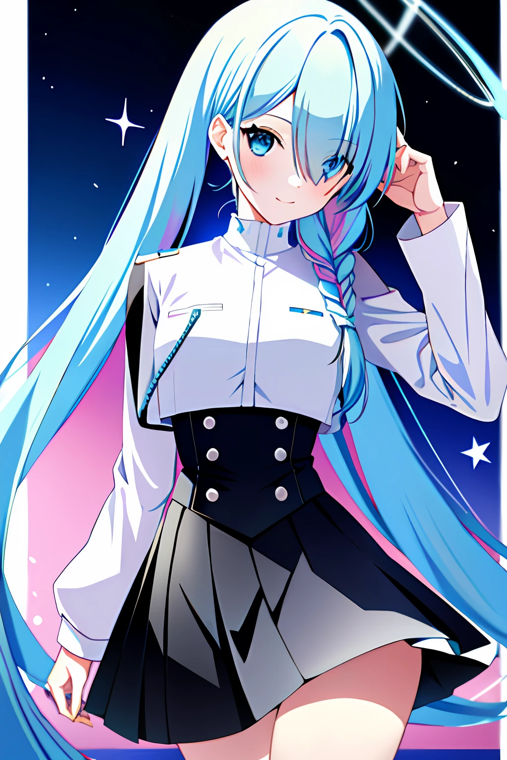 (tmasterpiece,best qualtiy:1), 1girll, 独奏, President of GSC, The halo, O cabelo multicolorido, Hair is more than one eye, eBlue eyes, ssmile, Keep one's mouth shut, Single braid, By bangs, jaket,anime girl with long blue hair and a white shirt and black skirt, Hatsune Miku, Portrait of Hatsune Miku, Hatsune Miku short hair, vocaloid, hatsune miku portrait, Os amigos, mikudayo, Anime girl with teal hair, Hatsune Miku cosplay, hatsune miku face, style of anime4 K, An anime girl, attractive anime girls