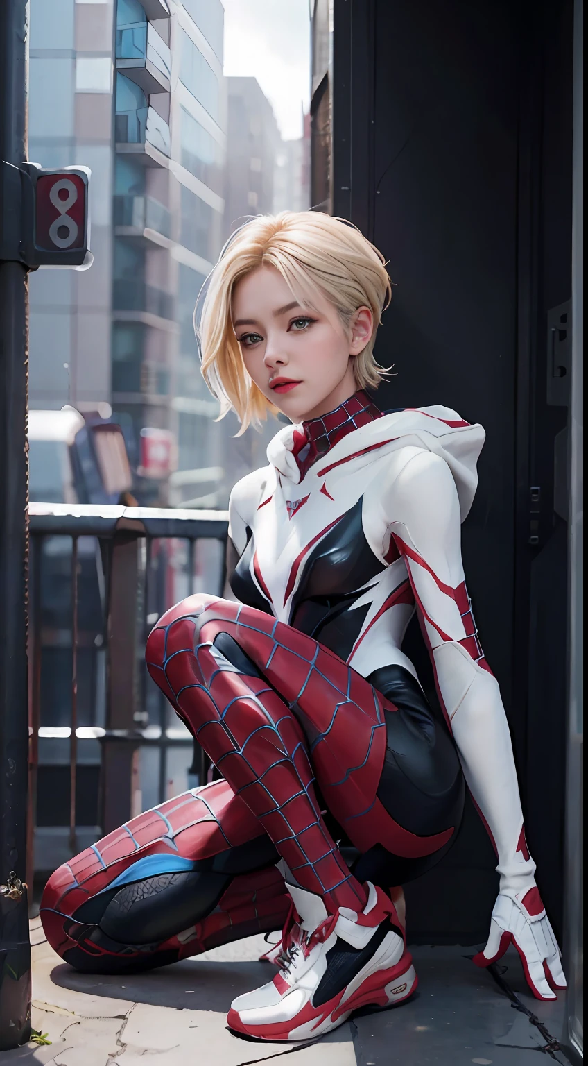 Full body photo,Sit on the groundd,Exaggerated,25 years old spider girl,gwyn,Female Spider-Man,Wenger Spider-Man costume outfit,((white colors)),24mm,4K textures,low-light,HDR,复杂,with short golden hair,highly details,(side of head shaved:1.3),Sharp focus,insanely details,Complicated details,hyper-detailing,