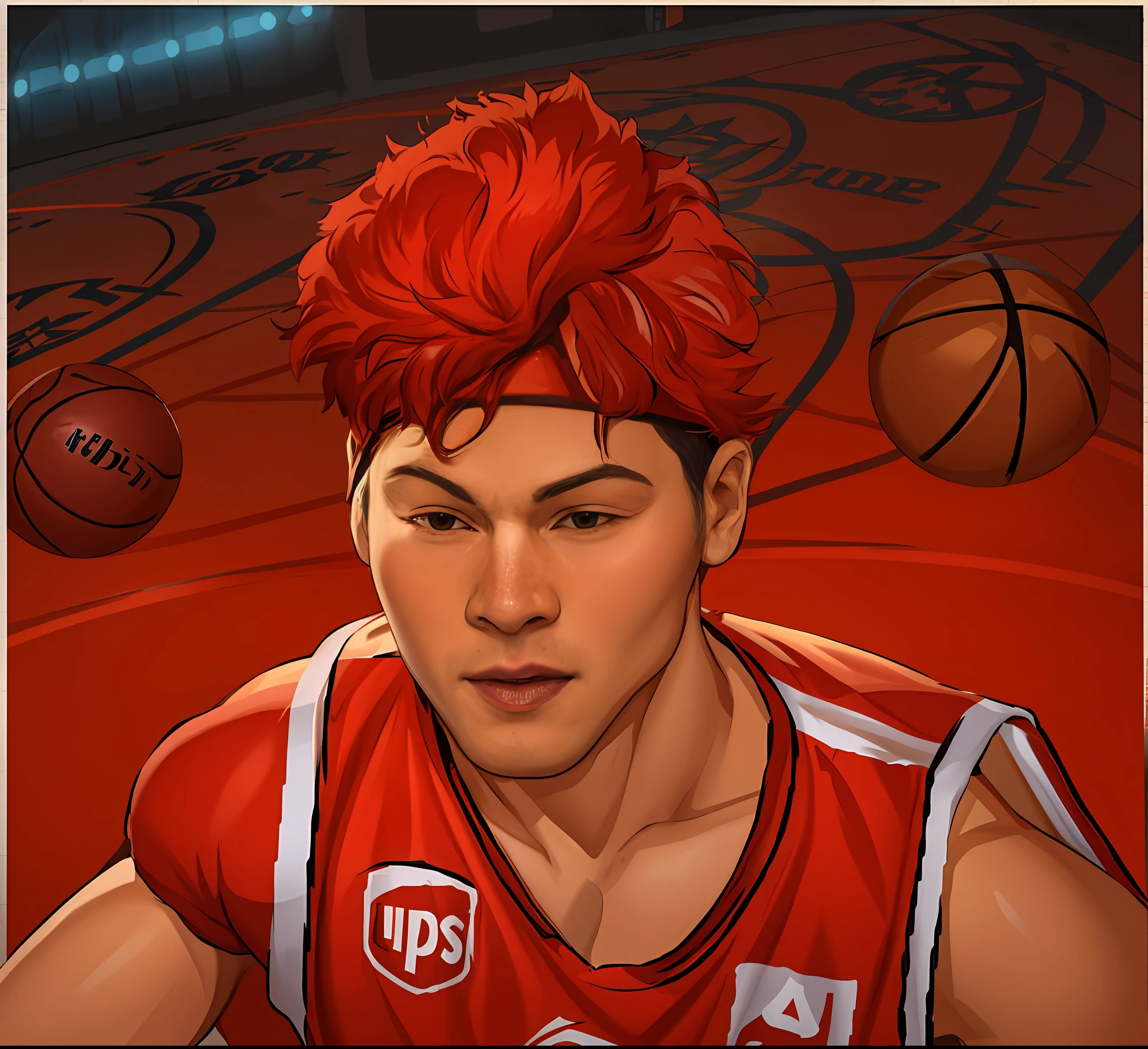 Line drawing，Line stroke，Wang Zhelin，（Face optimization：1.5），（Mouth optimization：1.5）（Eye optimization：1.5）hand painted style，lineworks，sense of strength，basketball player，Red clothes，basketball ball，white backgrounid，Exquisite poster，best qualtiy，high high quality