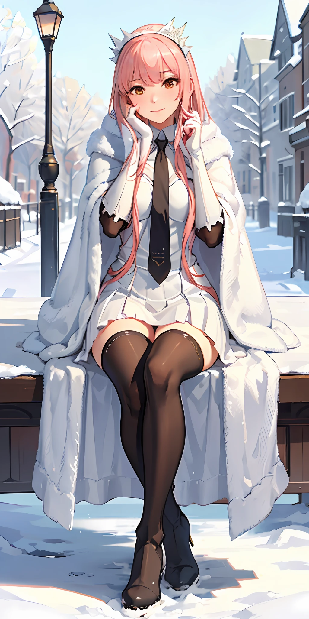 (masterpiece, sidelighting, finely detailed beautiful eyes: 1.2), glowing eyes, shiny hair, lustrous skin, solo, embarrassed, medb \(fate\), outdoors, cloak, white cloak, fur trim, knee boots, snow, street, lamppost, full body, Nsfw, (masterpiece, best quality:1.2), solo, 1girl, medb, unamused, closed mouth, looking at viewer, hand on own face, sitting, crossed legs, collared shirt, necktie, skirt, pantyhose