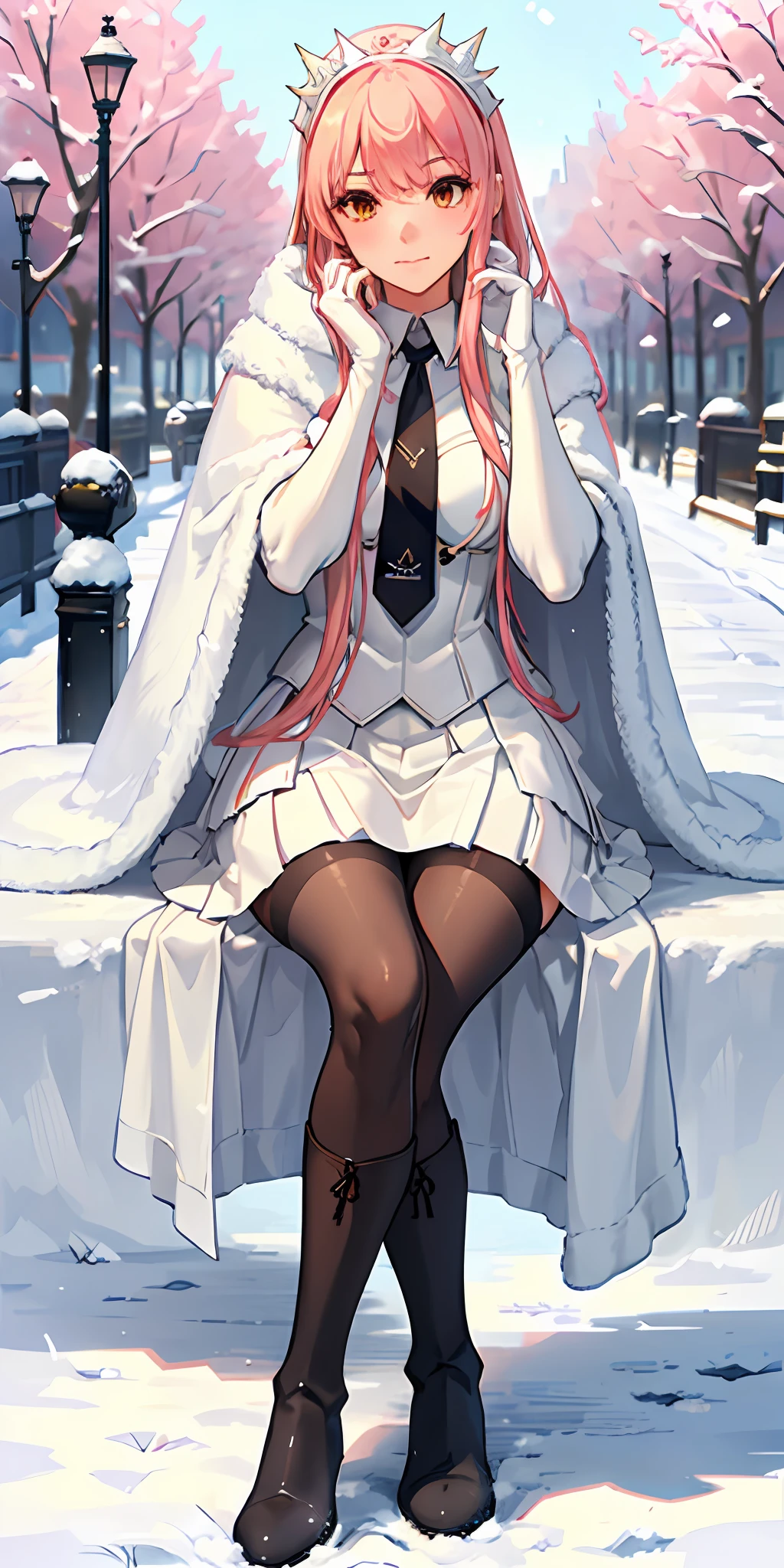 (masterpiece, sidelighting, finely detailed beautiful eyes: 1.2), glowing eyes, shiny hair, lustrous skin, solo, embarrassed, medb \(fate\), outdoors, cloak, white cloak, fur trim, knee boots, snow, street, lamppost, full body, Nsfw, (masterpiece, best quality:1.2), solo, 1girl, medb, unamused, closed mouth, looking at viewer, hand on own face, sitting, crossed legs, collared shirt, necktie, skirt, pantyhose