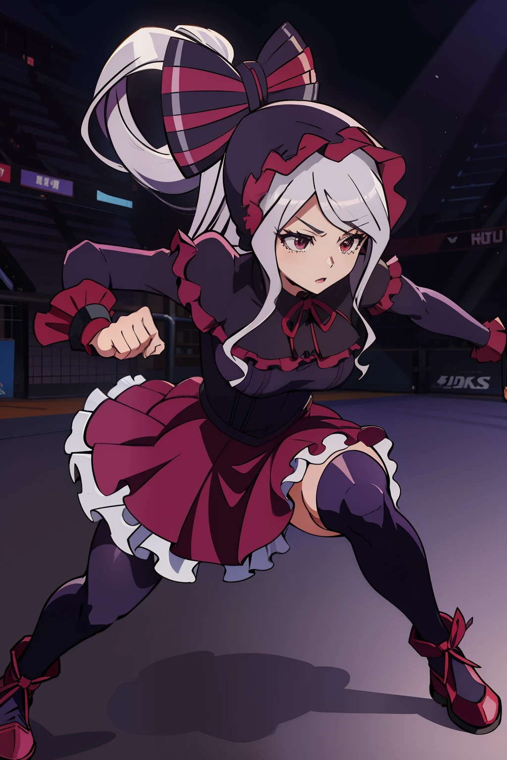 Shalltear, Olhando para o Viewer close up de Shalltear de terno corporal dando um chute, dynamic pose perspective, dynamic perspective pose, dynamic pose realistic, Postura do MMA Southpaw, dynamic pose and perspective, dynamic extreme foreshortening, Dynamic Action Pose, Pose de lutador, Pose de luta, Pose de corrida, action perspective concept, Pose de luta, full body action concept art, dynamic active running pose