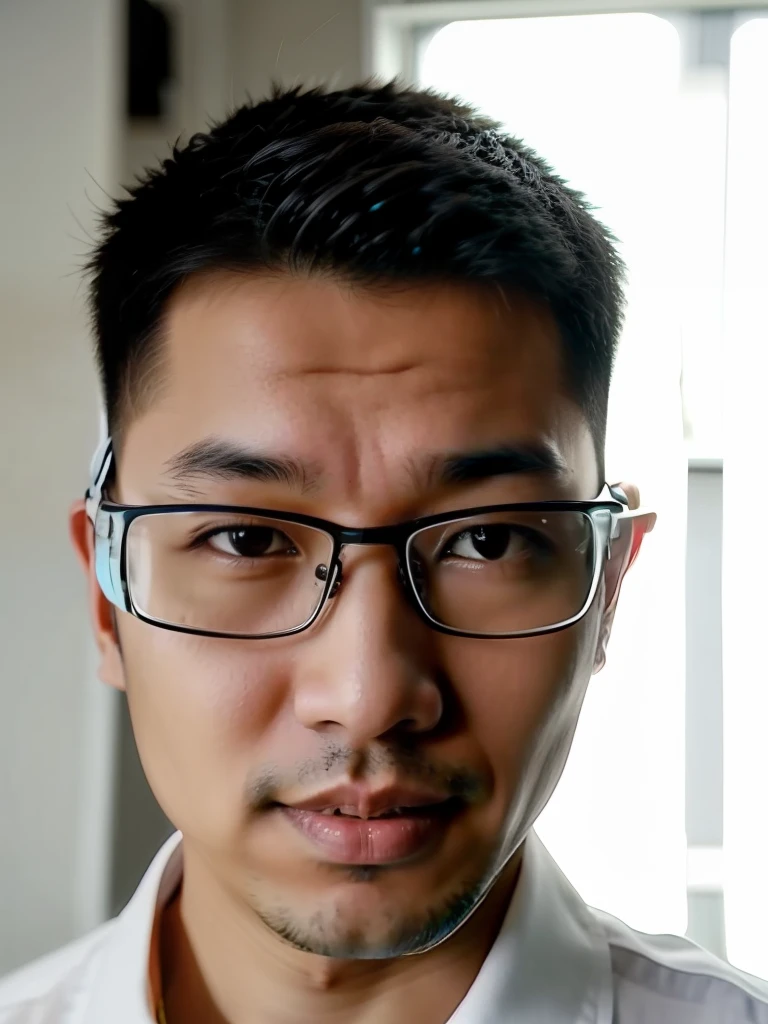 Asian man looking at camera with glasses and gray shirt, 2 ,anime big breast,nipple play,comic strip,Cool,Handsome,the detail,k hd