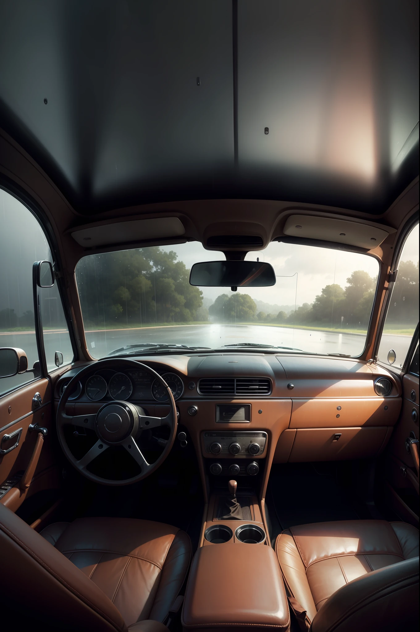 realistic old car, interior, dark morning, raining outside,