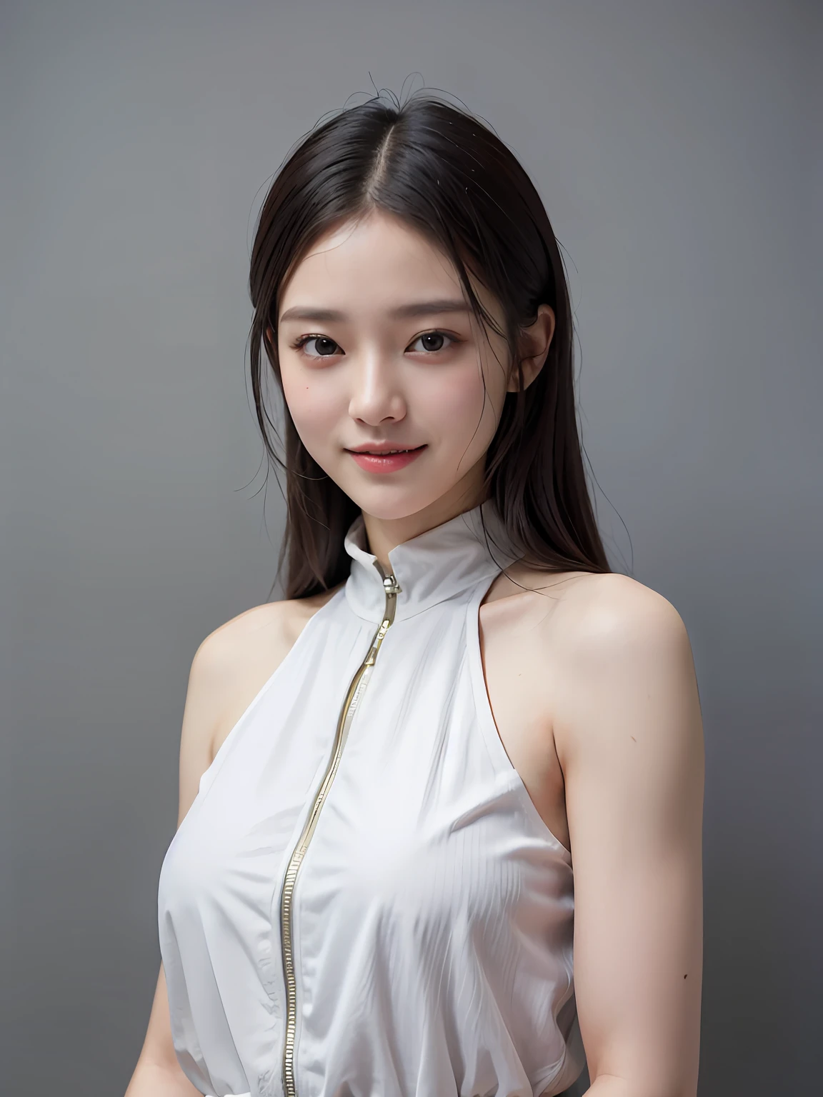(Gray background: 1.5), (Realism: 1.4), (Best quality: 1.0), (Ultra high resolution: 1.0), 8k, RAW photos, (Masterpiece: 0.2), 1girl, beautiful skin, delicate skin, bright smile, teeth, (Unity: 1.5), beautiful officer, Asian beautiful soldier