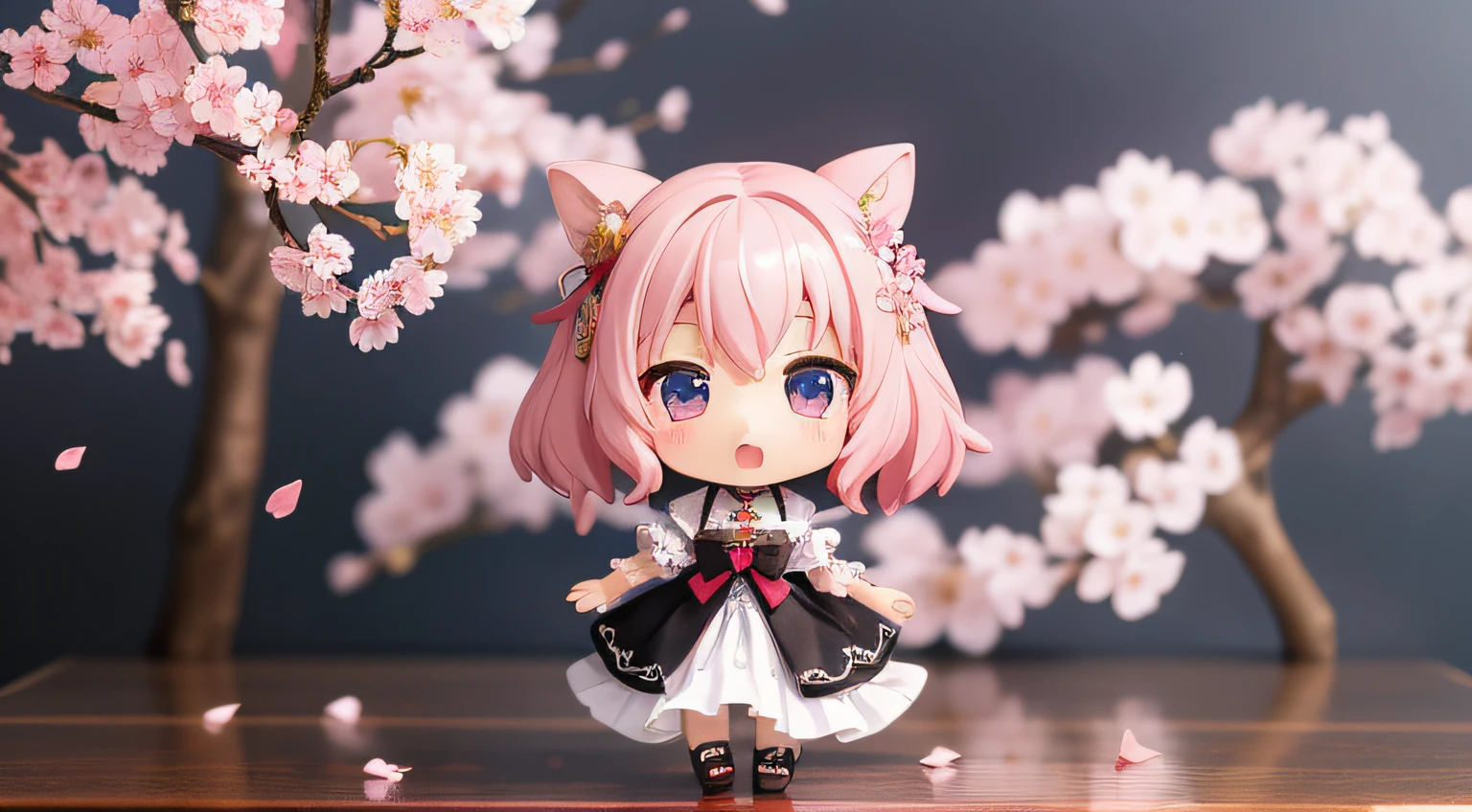 Doll standing in front of the painting、bionde、Surprised face、Sengai、pixiv、rokoko、dollfie dream、watercolor Nendoroid、(High Definition Figure)、flowing sakura-colored silk、nendroid、highly_Detailed!!,Cherry blossom petals、Flowing cherry blossom silk、season!!: 🌸 ☀ 🍂 ❄
