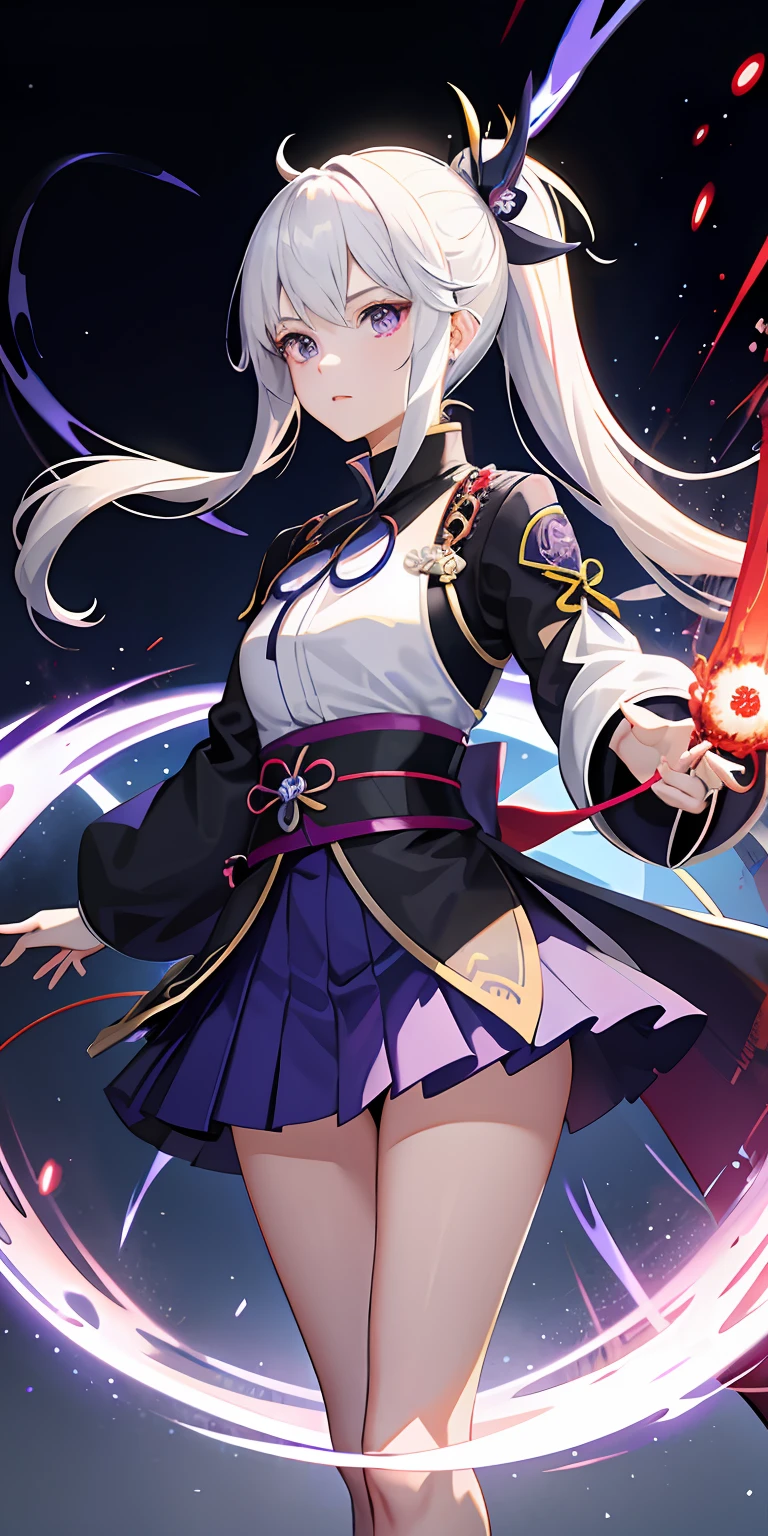 1girll, Japanese clothes, pony tails ,White hair, Purple eyes, Magical Circle, bluefire, blue flame, the wallpaper, landscape, Blood, blood spatter, Depth of field, Night, Light particles, Light rays, side-lighting, Thighs, fate \(Series\), Genshin Impact, ****, Open jacket, Skirt, upper legs, Cloud