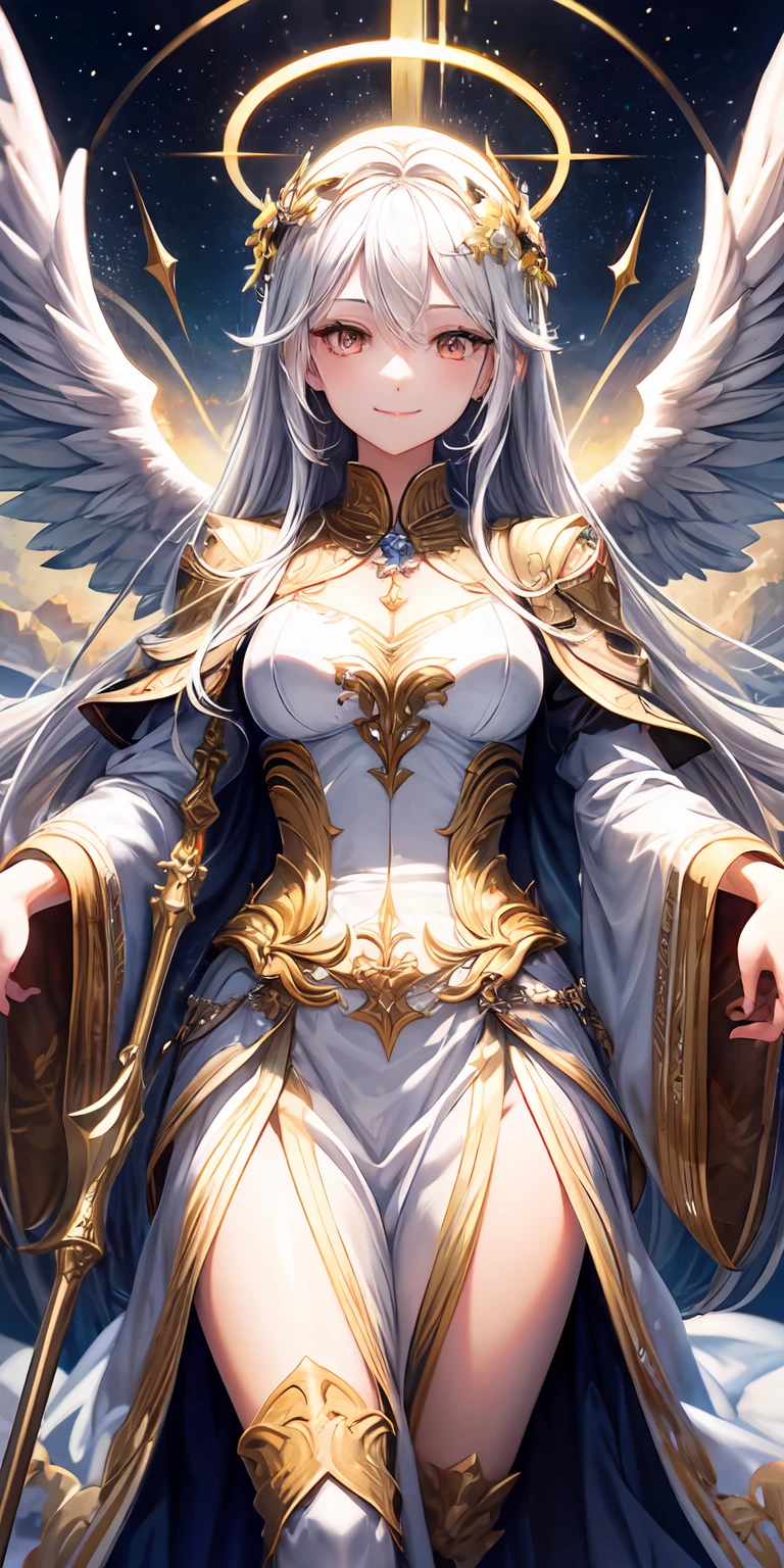 ****, illustration,heaven background, 1girl, white hair, golden eyes, long hair, halo, angel wings, serene expression, looking at viewer, goddess, smile warmly,wielding staff, hyper detail,