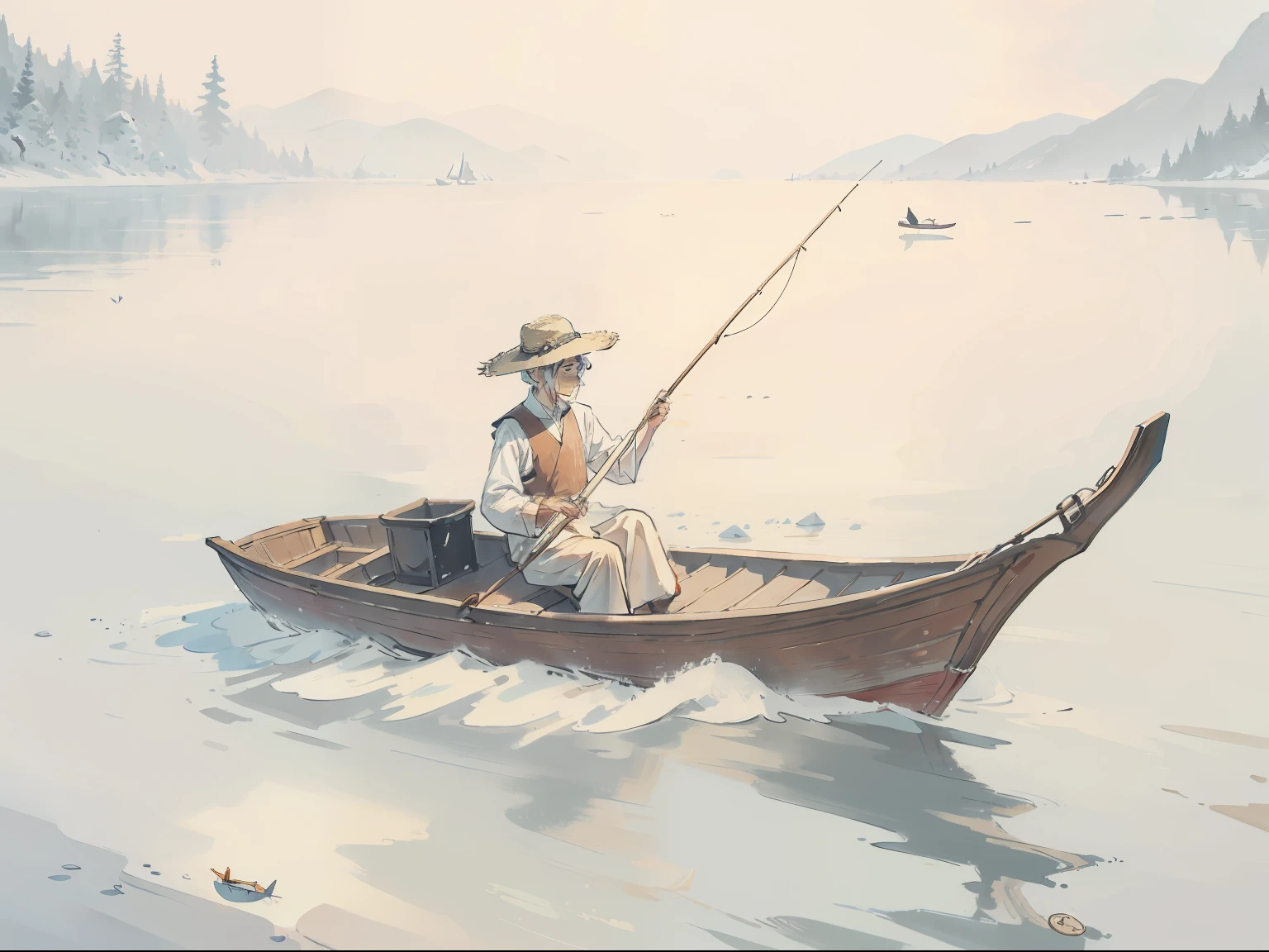 Show on the（River：1.4）Upp，One ship（skiff（Wooden boat：1.6））Upp，One wears a straw hat（Round wide-brimmed hat woven in straw：1.6）'s（A old man：1.4）Sit in a small boat，（solo：1.3），（fishing：1.6），（Raise the fishing rod diagonally：1.6），（snowy days：1.6），（Snowy environment：1.3）