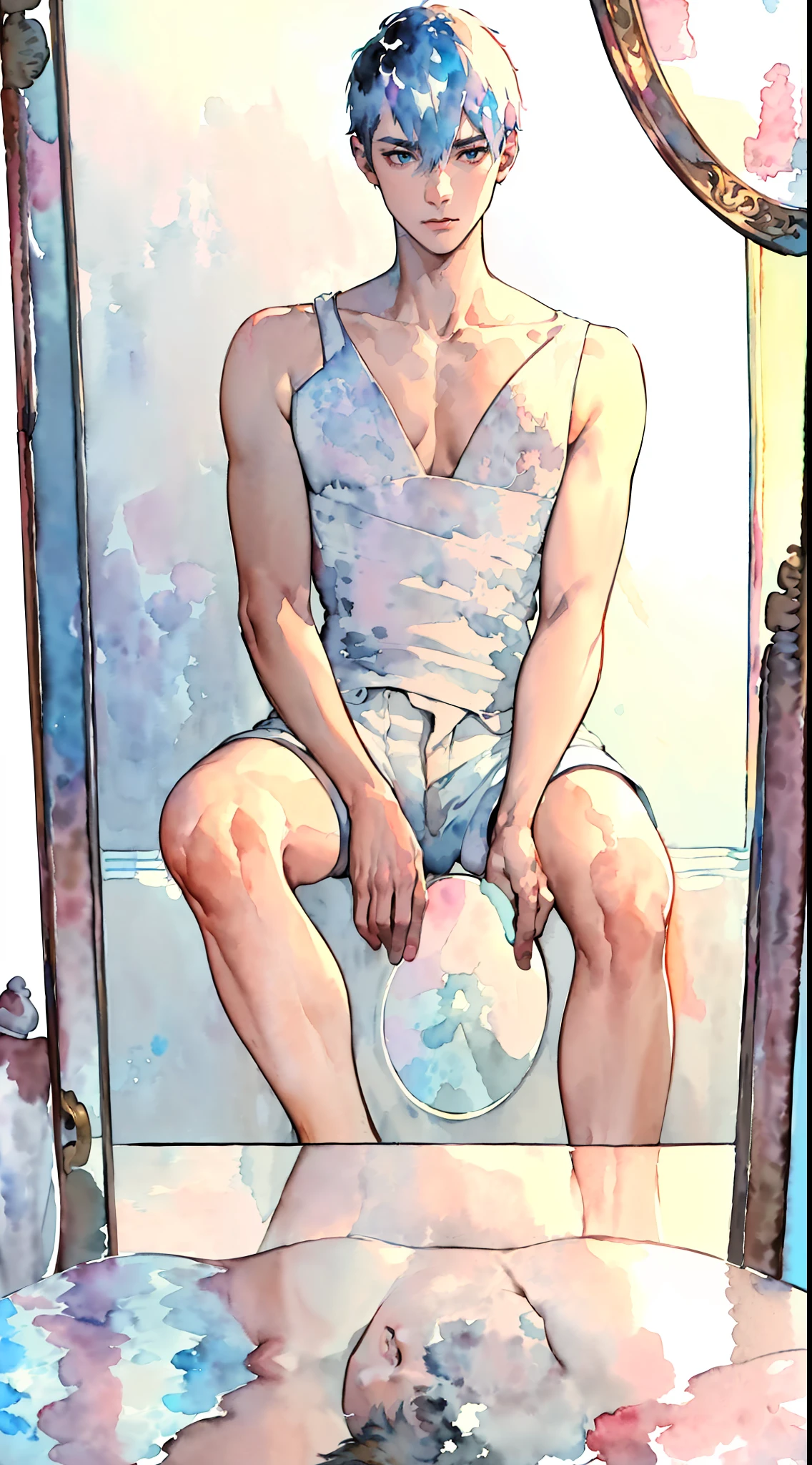A beautiful boy is sitting on a bed in a closed room，((((((in the mirror))), gay, masterpiece，highest  quality，High contrast, The upper body is naked, closeup cleavage, Correct anatomy, Interactive expressions, short detailed hair, slender body, erotic, shorts, White sox, foot fetish, (high quality watercolor:1.3)