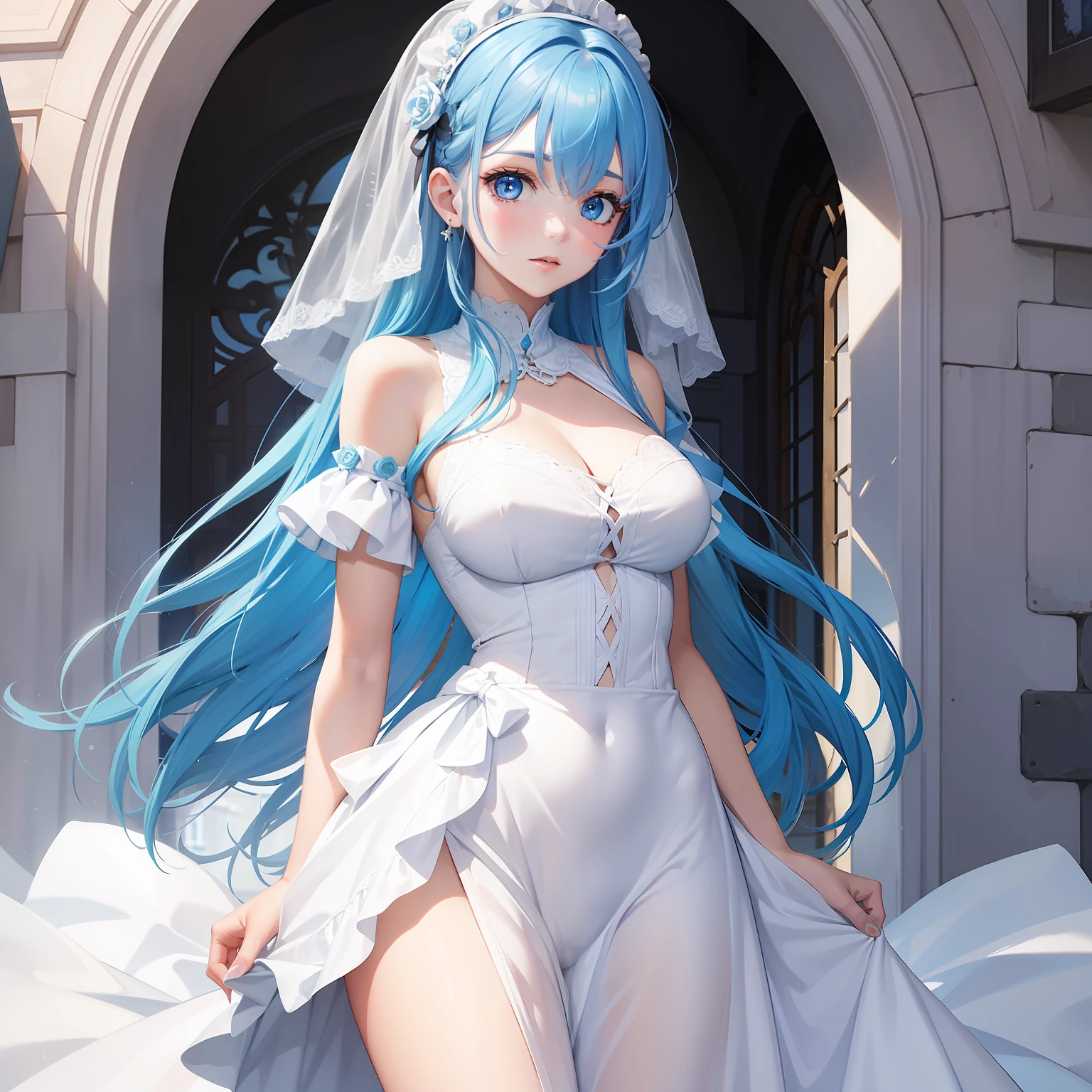 a women, blue hair, blue eyes, white dress