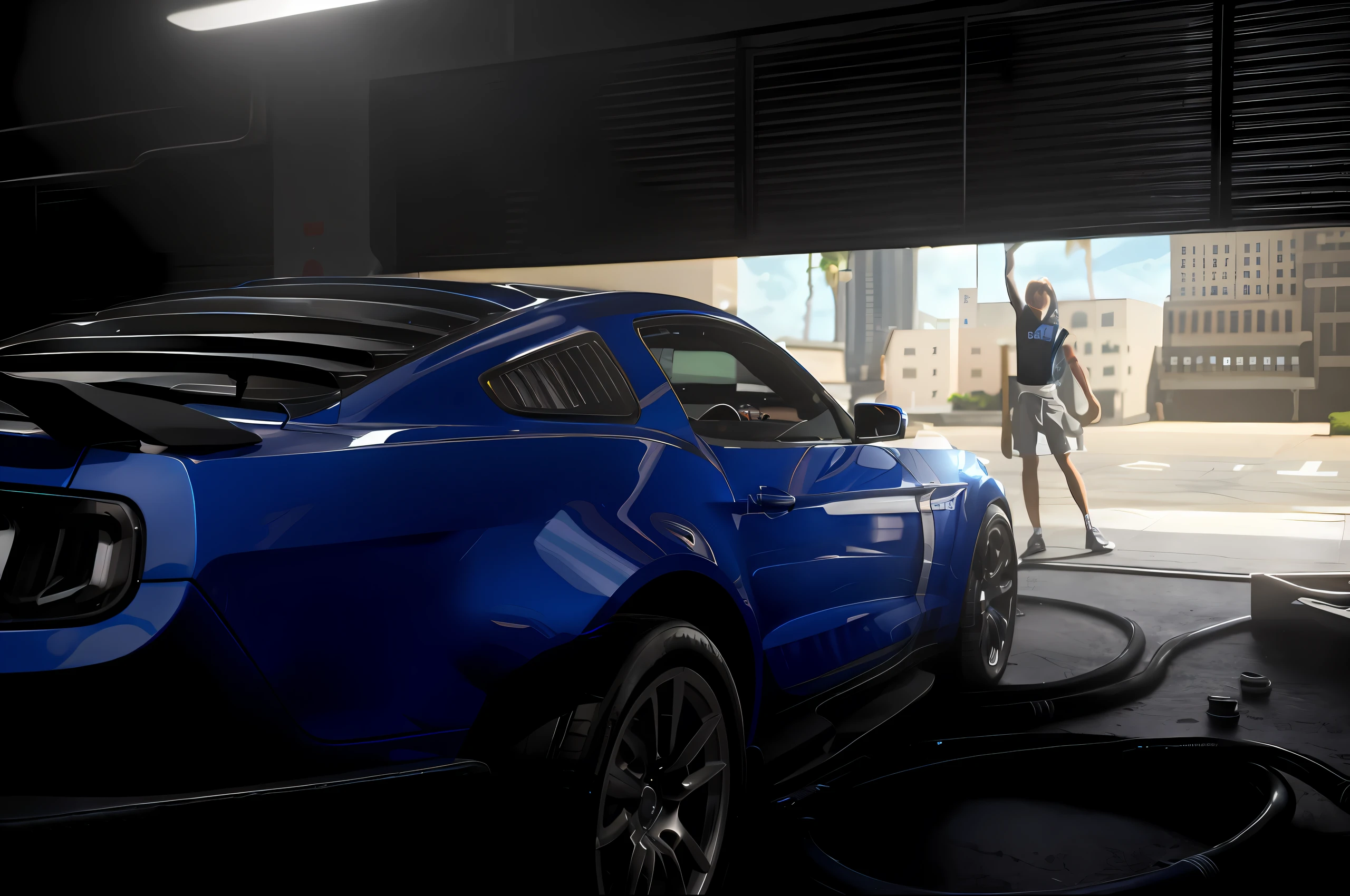 There is a blue Mustang cart washing in the garage, unreal 4 screenshot, video game screenshot>, hyperrealistic”, ultra realistic”, super realistic”, octane ray tracing, A high resolution, photorealistic”, photorealistic ”, hyper photorealistic raytracing, ray traced lighting, photo realistic”, ue 4, ue4, [ 4 K photorealism ], close body shot