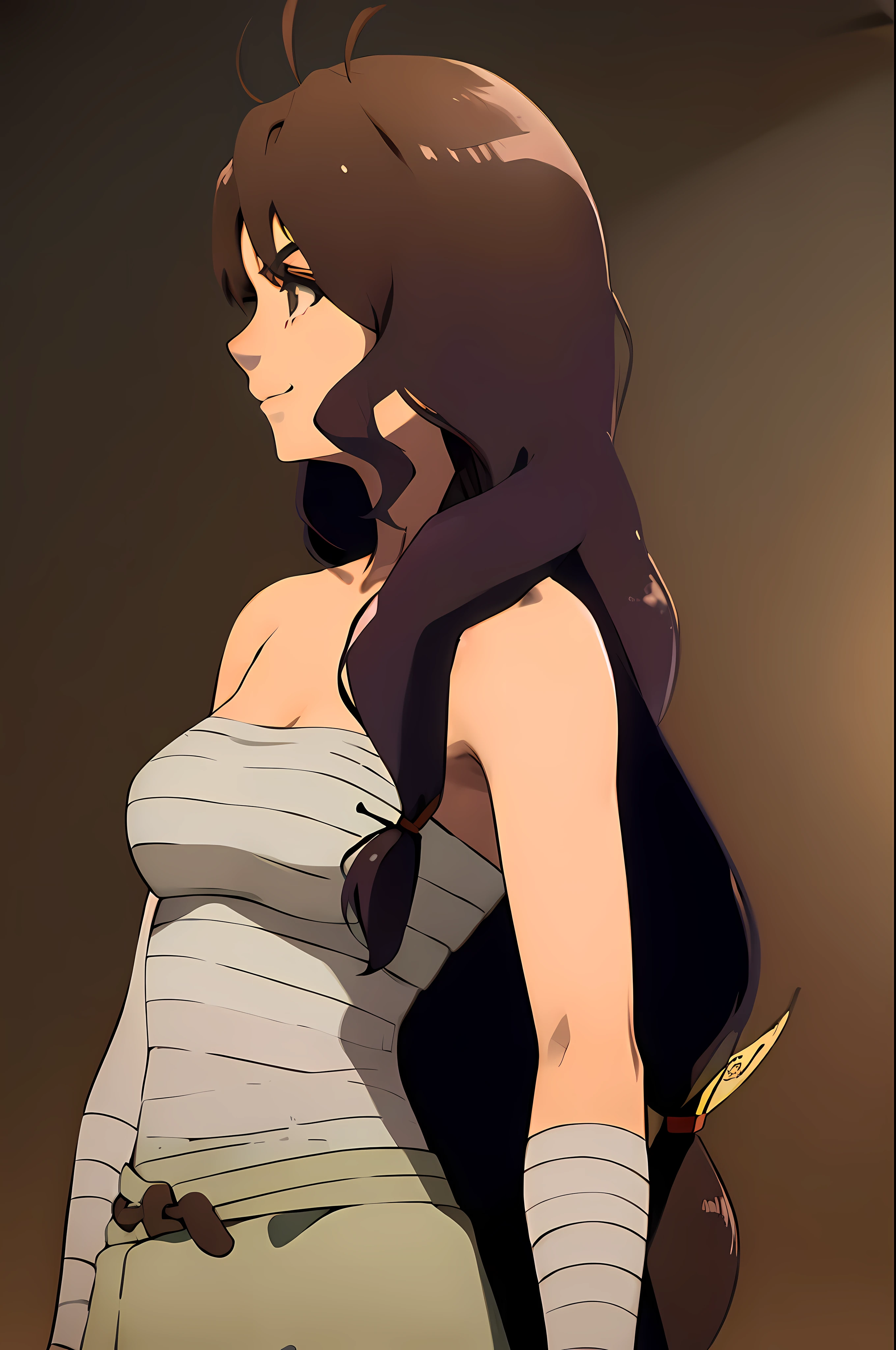 1girl, parona, solo, profile, brown background, upper body, sarashi, bare shoulders, breasts, back, brown hair, smile, gradient background, closed mouth, long hair, bangs, gradient, from behind, medium breasts, bandages