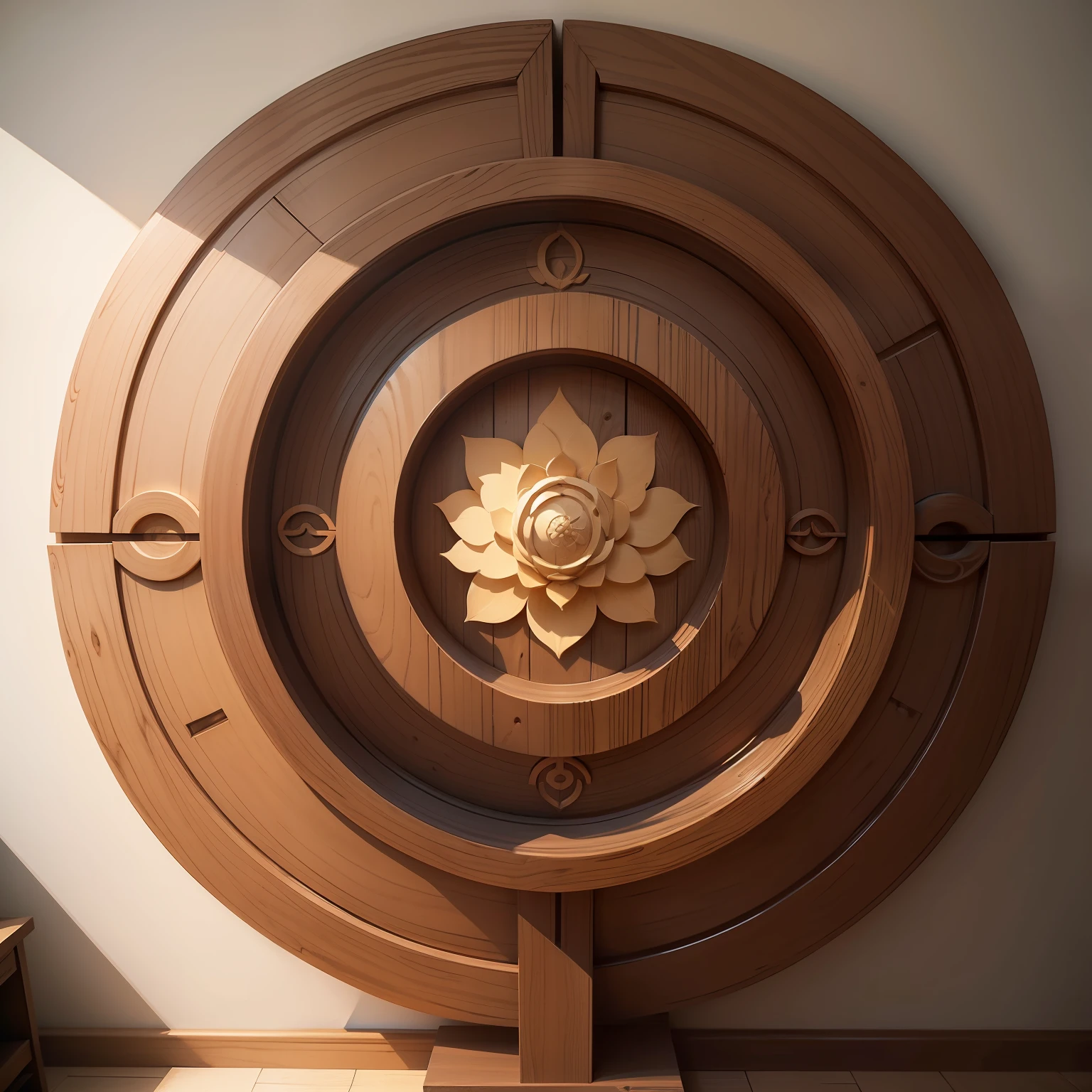 full zen circle wooden on the wall with the lotus flower inside, front view, representing the portal.