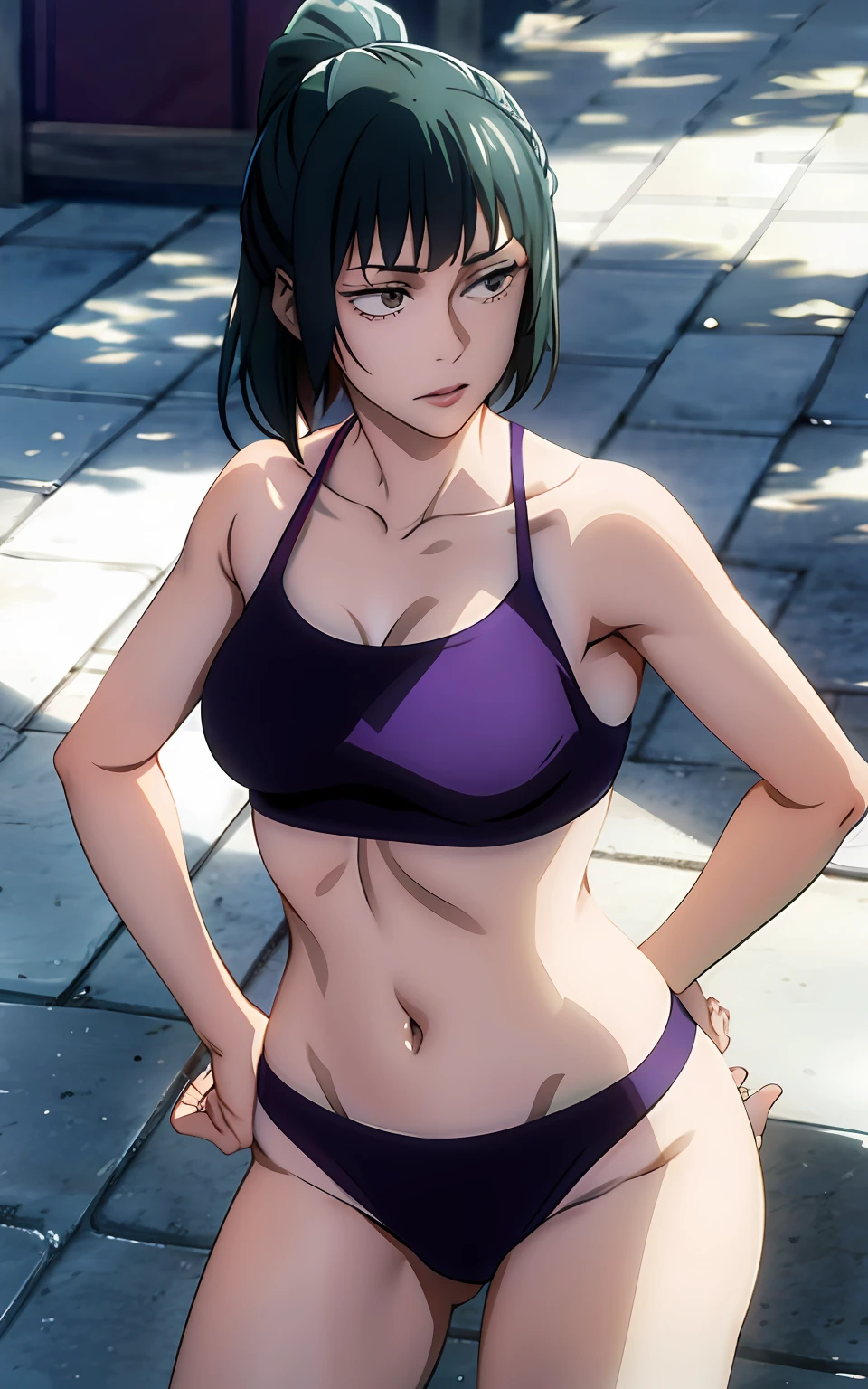 Maki Zenin, bikini, seria, curvilíneo, cabello verde oscuro.
