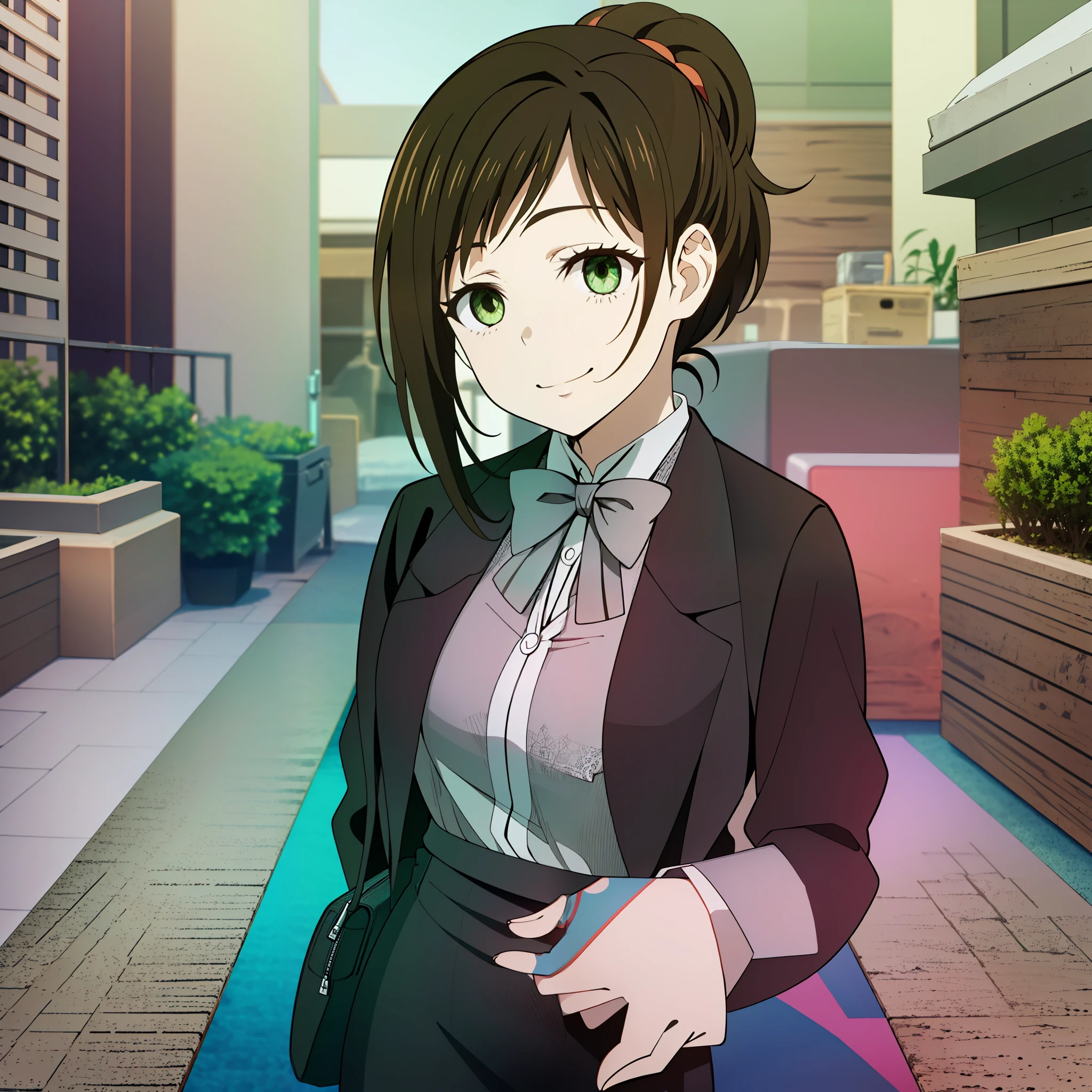 1girl, masterpice, sakufukuzawa, long brown hair that is worn in a ponytail with bangs and a long hair strand hanging on the right side and murky-green eyes, wears a black blazer over a white ruffled long-sleeve work blouse and a knee-length black pencil skirt and black dress heels, bringing handbag, facing_viewer, standing, smile , cityscape,