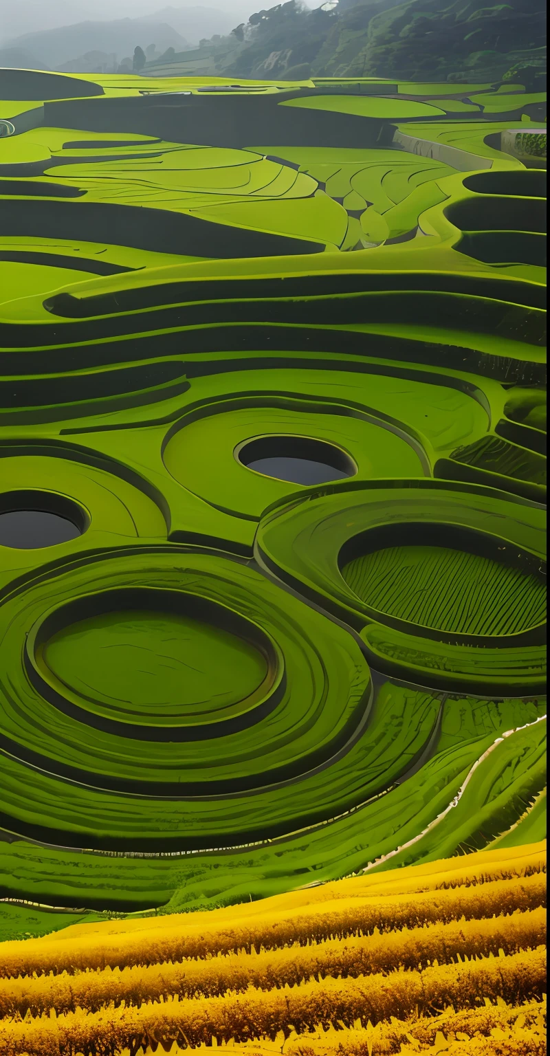 Golden rice paddies，clear lakes，terraced，path，the trees