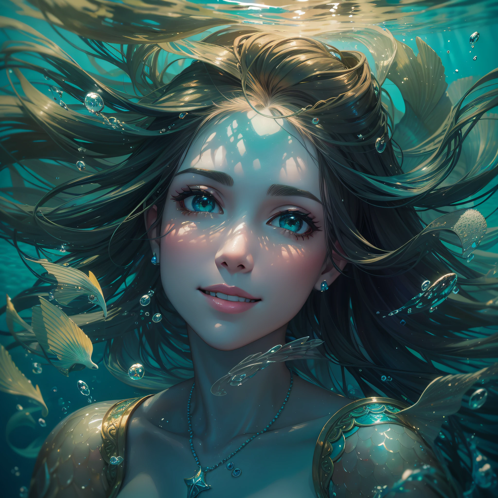 In an enchanted underwater paradise, A mermaid woman with a charming smile glides effortlessly through crystal clear waters, seu retrato digital, uma gama hipnotizante de cores iridescentes, evocando a maravilha das profundezas do oceano.