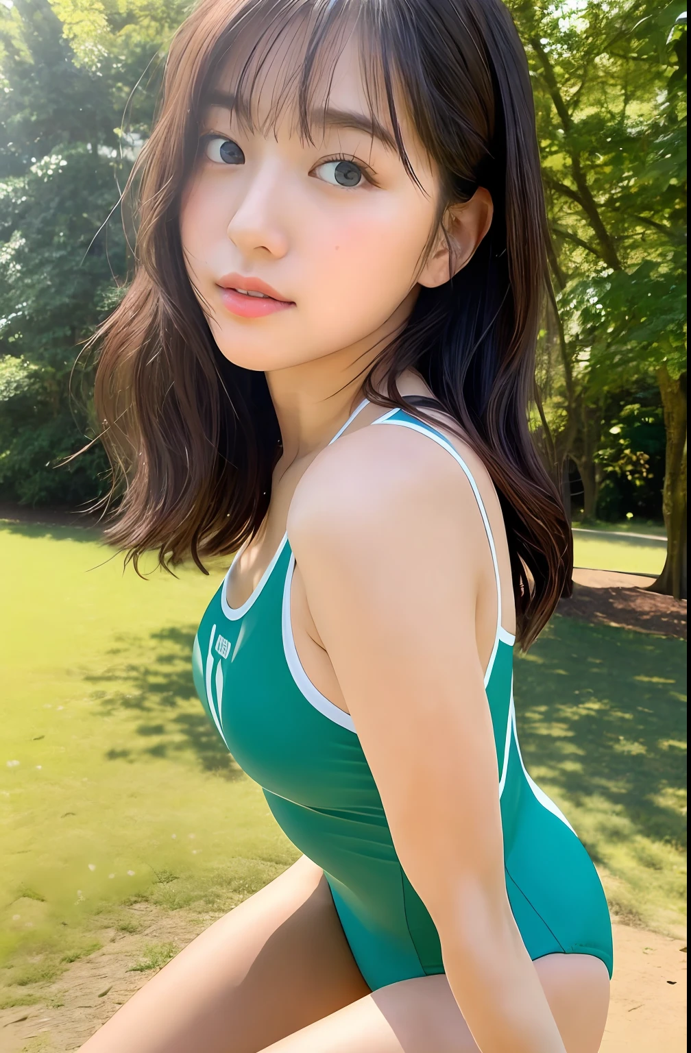 Close up portrait of a woman walking in a park in a competitive swimsuit、Japan Person Model、Young Sensual Gravure Idol、Young cute gravure idol、Realistic Young Gravure Idol、Realistic sensual gravure idol、Young gravure idols、sophisticated gravure idol、奈良美智、Young skinny gravure idol、beautifull asian girl ever、oppai、clong legs