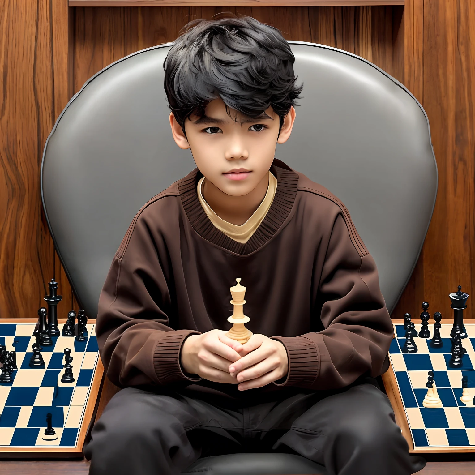 A skinny boy with medium curly black hair style 3c, with brown skin and black clothing playing chess sitting