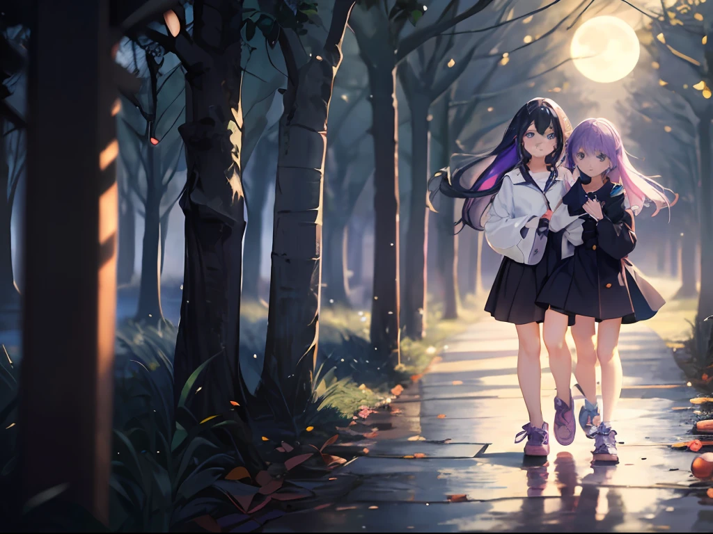 Best quality, tmasterpiece, Two  girls walking hand in hand on a path on a night with stars and moon，One of the girls was 12 yealight purple hair and purple eyes，Clear facial features，Another girl was 12 years old，Long air and blue eyes，Clear facial features