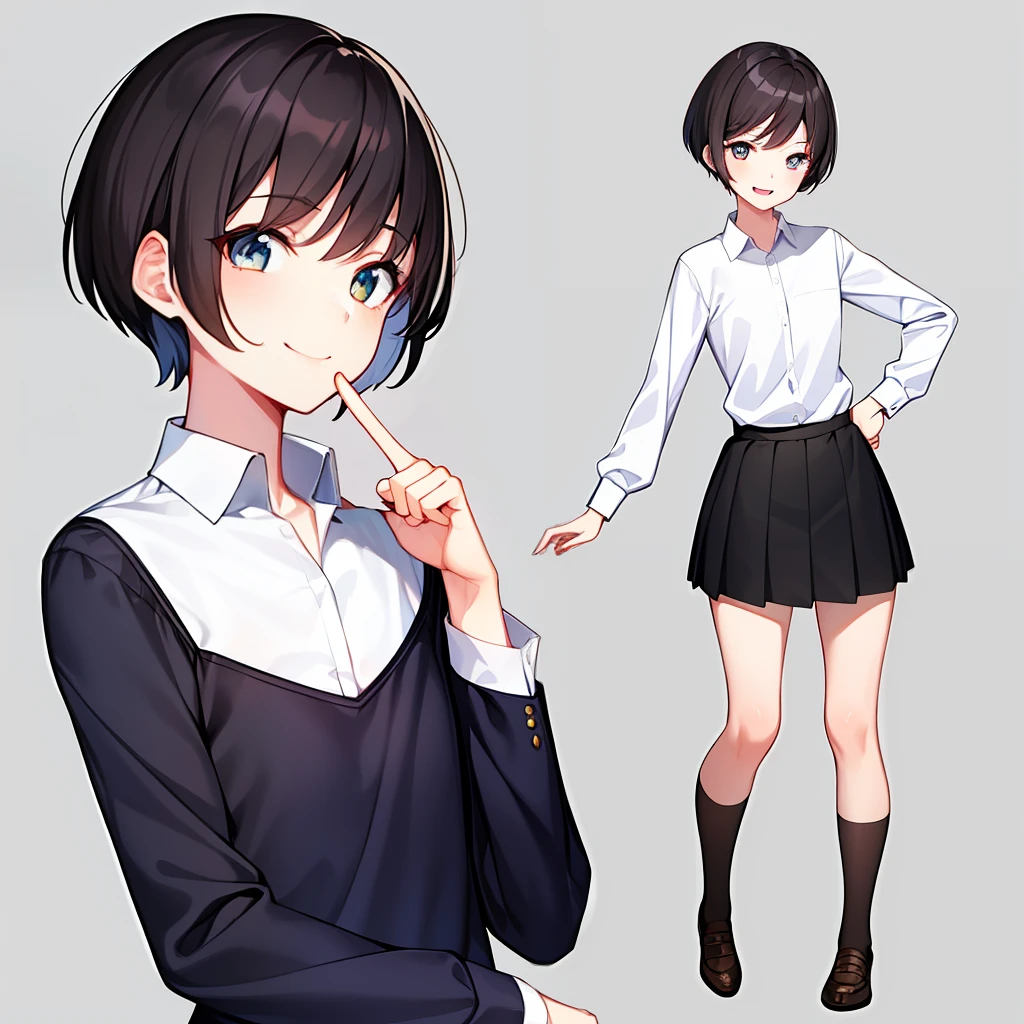 White Business Shirt, No tie, Long sleeves, (flat chest), Smile with mouth wide open, (One Woman), high school student, Cute, extra short cut hair, Dark hair, Dark eyes, Looking at Viewer, full body, detailed hairstyle, blackboard, pointer