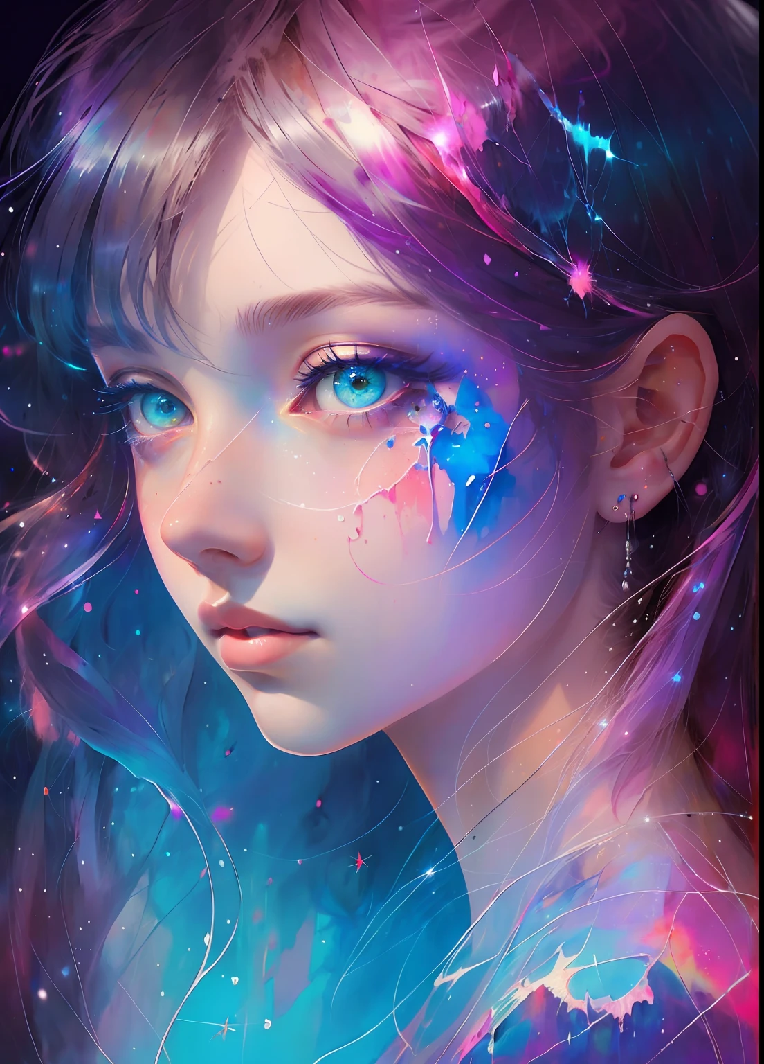 This is a dreamy and ethereal image. Generate a whimsical princess by Agnes Cecile with beautifully detailed and realistic eyes. Include ink drips and fairy lights. The colors used should be soft and pastel except for her eyes, which should be bold and realistically shaded. Include luminous, glitter, shimmer, and intricate detailing. This is a high quality image from world-class artist agnes cecile. ((masterpiece))