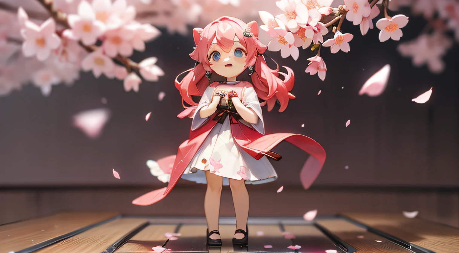 Doll standing in front of the painting、bionde、Surprised face、Sengai、pixiv、rokoko、dollfie dream、watercolor Nendoroid、(High Definition Figure)、flowing sakura-colored silk、nendroid、highly_Detailed!!,Cherry blossom petals、Flowing cherry blossom silk、season!!: 🌸 ☀ 🍂 ❄
