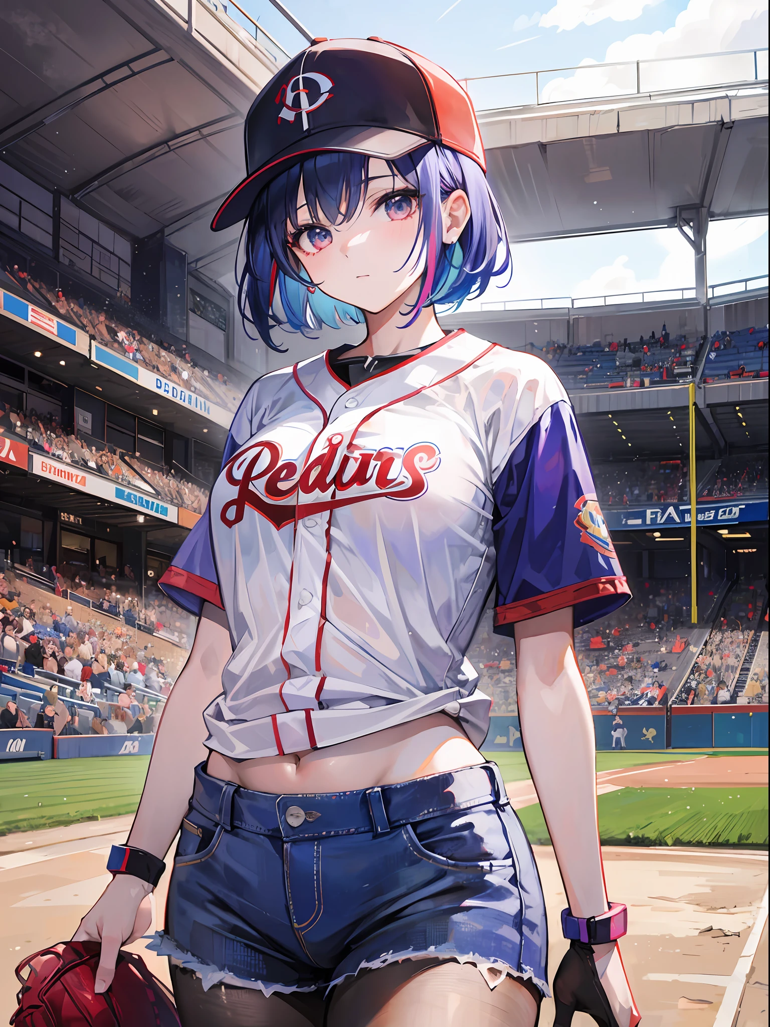 masterpiece, highest quality, ray tracing, red + white + purple + blue color hair, multi colored hair, short hair, 1girl, solo, medium breasts, baseball cap sleeves, dark pantyhose under denim short, baseball stadium , sports shoes, looking at viewer, focus on legs
