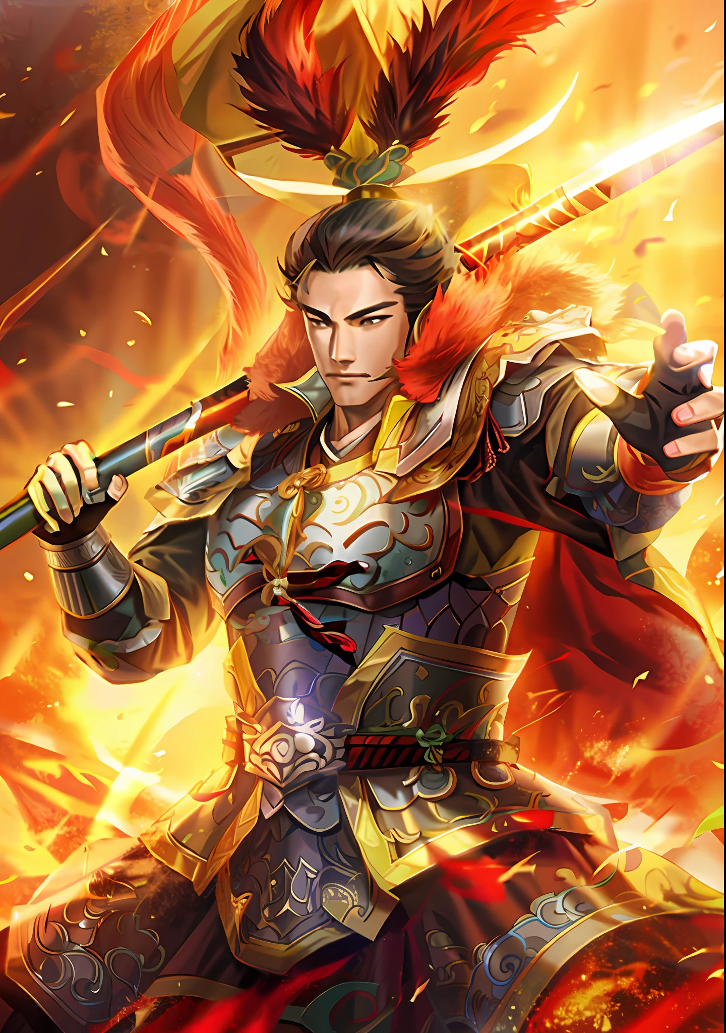 A man in armor holds a spear, zhao yun, Inspired by Huang Shen, bian lian, inspired by Li Kan, Inspired by Seki Dosheng, heise jinyao, xianxia hero, by Yang J, chinese three kingdoms, inspired by Wuzhun Shifan, inspired by Yang Jin, inspired by Park Hua