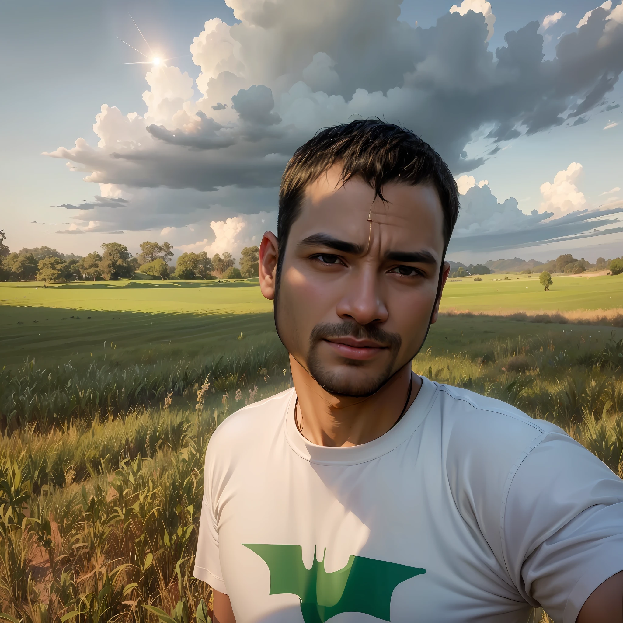 arafed man in a white shirt standing in a field of green grass, very very low quality picture, in a open green field, 8k selfie photograph, in a field, in the middle of a field, selfie photo, amidst nature, in a large grassy green field, shot on iphone 14pro max, green fields in the background, with accurate face ,ultra realistic face, unreal engine, dramatic light,