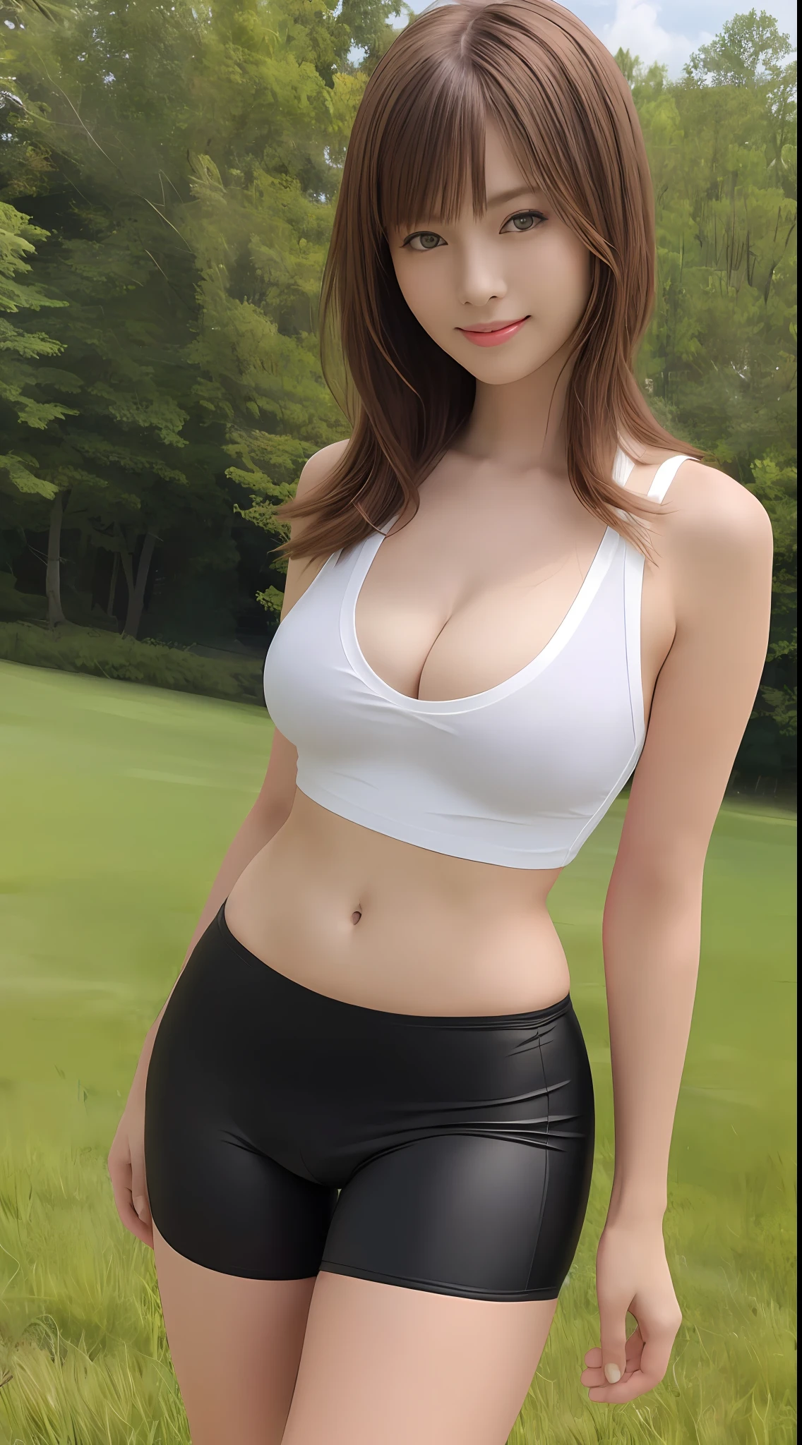 (16k, ultra high res, best quality, high quality, masterpiece:1.3), (a professional photo of girl), RAW photo, realistic illustration, (ultra detailed eyes and face), (ultra detailed beautiful skin),(Photos above the ankle:1.4), BREAK, solo photo, 1girl, standing, 25yo, beautiful, Petite facial features, Super Detail Beautiful Natural Skin, natural makeup, closed mouth, (brown hair), short hair, asymmetrical bangs, evil smile, narrow waist, slender, (wide hips:1.4), BREAK. she wearing white T-shirt, (black low rise bike shorts), cleavage, beautiful navel, outdoor grass park, she is very sexy,
