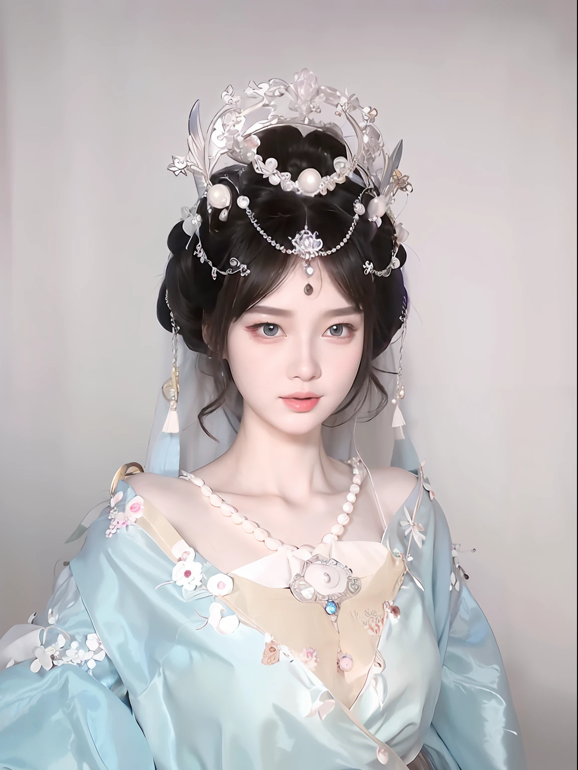 Allard woman in blue dress，Wear a tie and pearl necklace, a beautiful fantasy empress, ((a beautiful fantasy empress)), Palace ， A girl in Hanfu, Hanfu, Gorgeous Role Play, Princesa chinesa antiga, White Hanfu, China Princess, ultra realistic fantasy tiara, 8K)), Ethereal beauty, rococo queen, pale porcelain white skin