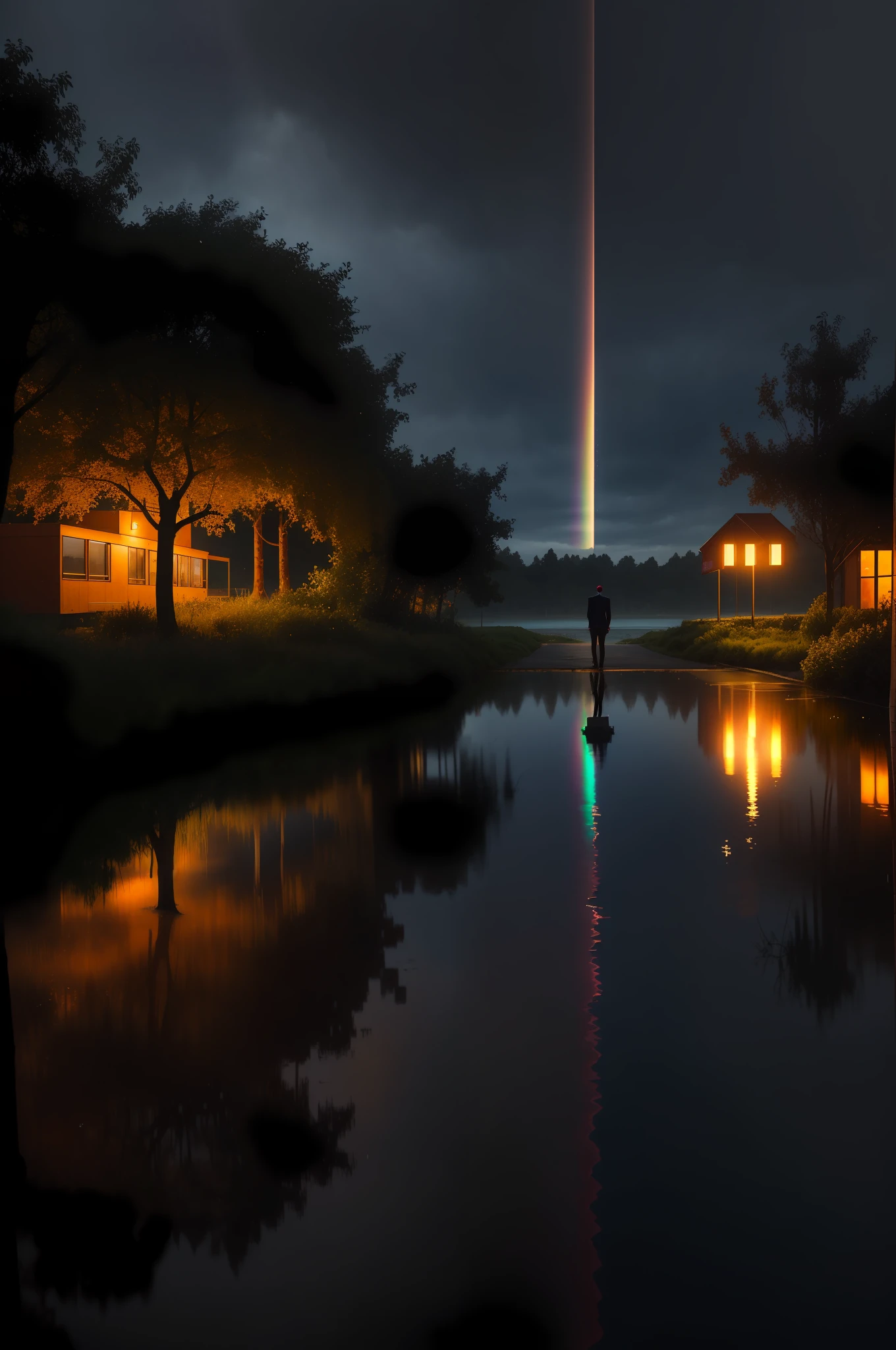 One woman and one man，They are two students，in school uniform，desolation，rained，The tree is on the side of the road，The water pod reflected the two people，Reflectors，A rainbow is in the sky，Polar opposition，in a panoramic view，ssee-through，Ray traching，reflective light，depth of fields，closeup cleavage，tmasterpiece，best qualtiy，high detal，high high quality，ctextured skin， ccurate， UHD， HD，idyllic