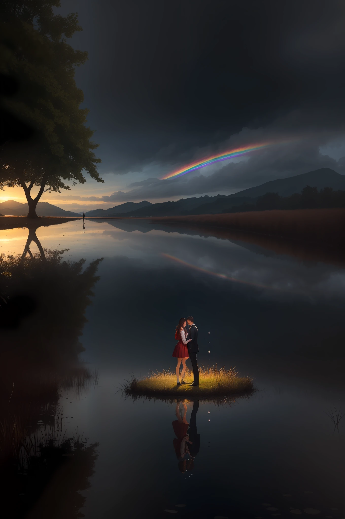 One woman and one man,They are two students,in school uniform,desolation,rained,The tree is on the side of the road,The water pod reflected the two people,Reflectors,A rainbow is in the sky,Polar opposition,in a panoramic view,ssee-through,Ray traching,reflective light,depth of fields,closeup cleavage,tmasterpiece,best qualtiy,high detal,high high quality,ctextured skin, ccurate, UHD, HD,idyllic