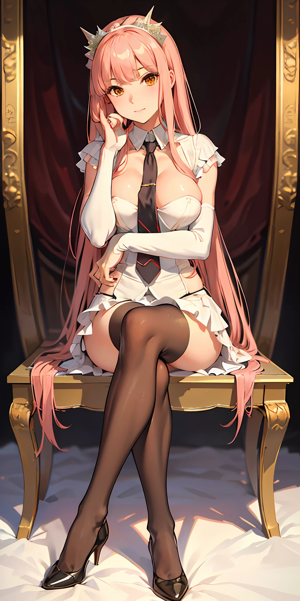 (masterpiece, sidelighting, finely detailed beautiful eyes: 1.2), glowing eyes, shiny hair, lustrous skin, solo, embarrassed, medb \(fate\), full body, Nsfw, (masterpiece, best quality:1.2), solo, 1girl, medb, unamused, closed mouth, looking at viewer, hand on own face, sitting, crossed legs, collared shirt, necktie, skirt, pantyhose
