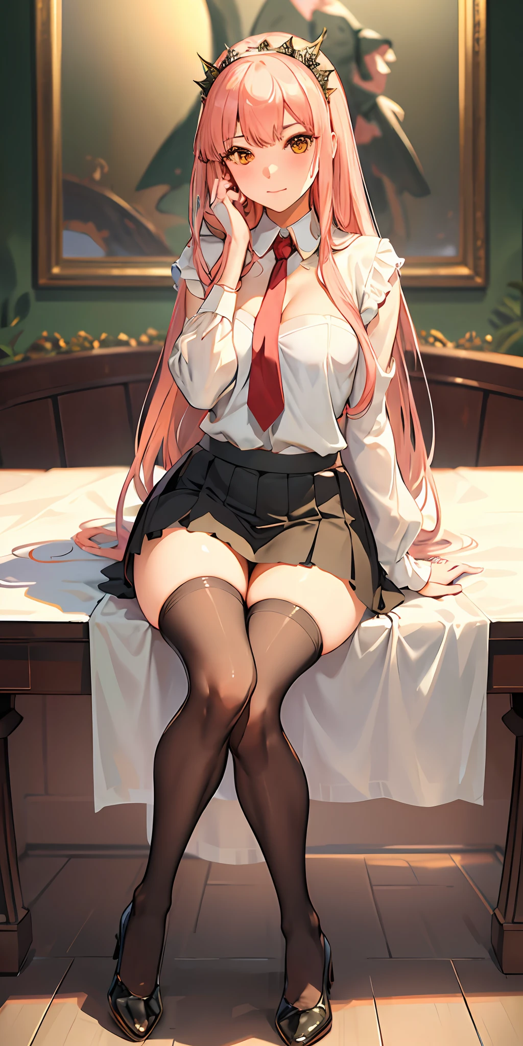 (masterpiece, sidelighting, finely detailed beautiful eyes: 1.2), glowing eyes, shiny hair, lustrous skin, solo, embarrassed, medb \(fate\), full body, Nsfw, (masterpiece, best quality:1.2), solo, 1girl, medb, unamused, closed mouth, looking at viewer, hand on own face, sitting, crossed legs, collared shirt, necktie, skirt, pantyhose