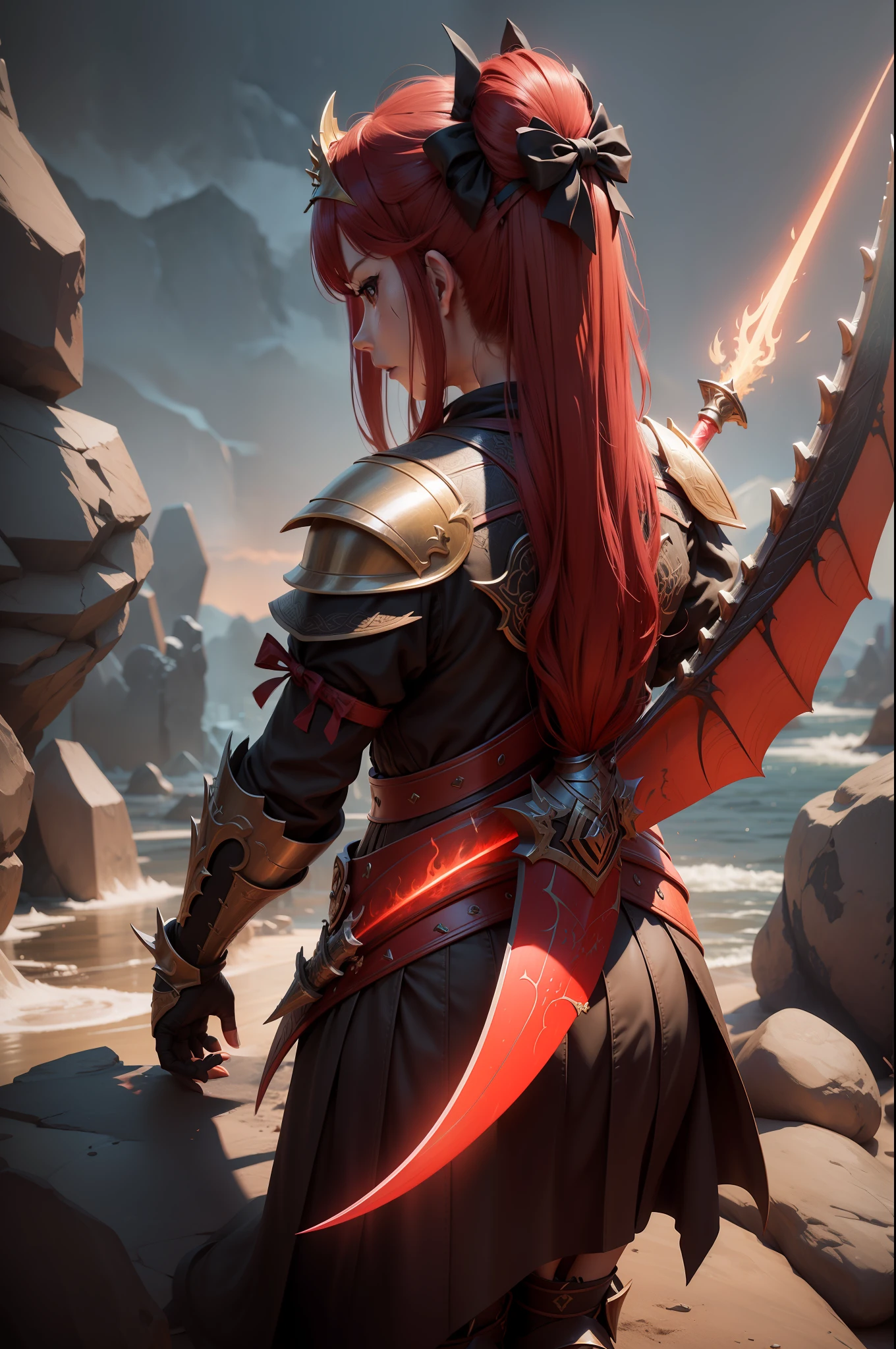 dragon slayer bow, dragon design bow, red color bow, red aura luminous flaming bow, very well designed and legendary sword, 4K, highly quality, highly detail, unreal engine, 8K UHD, Realistic, Intricate Detail.