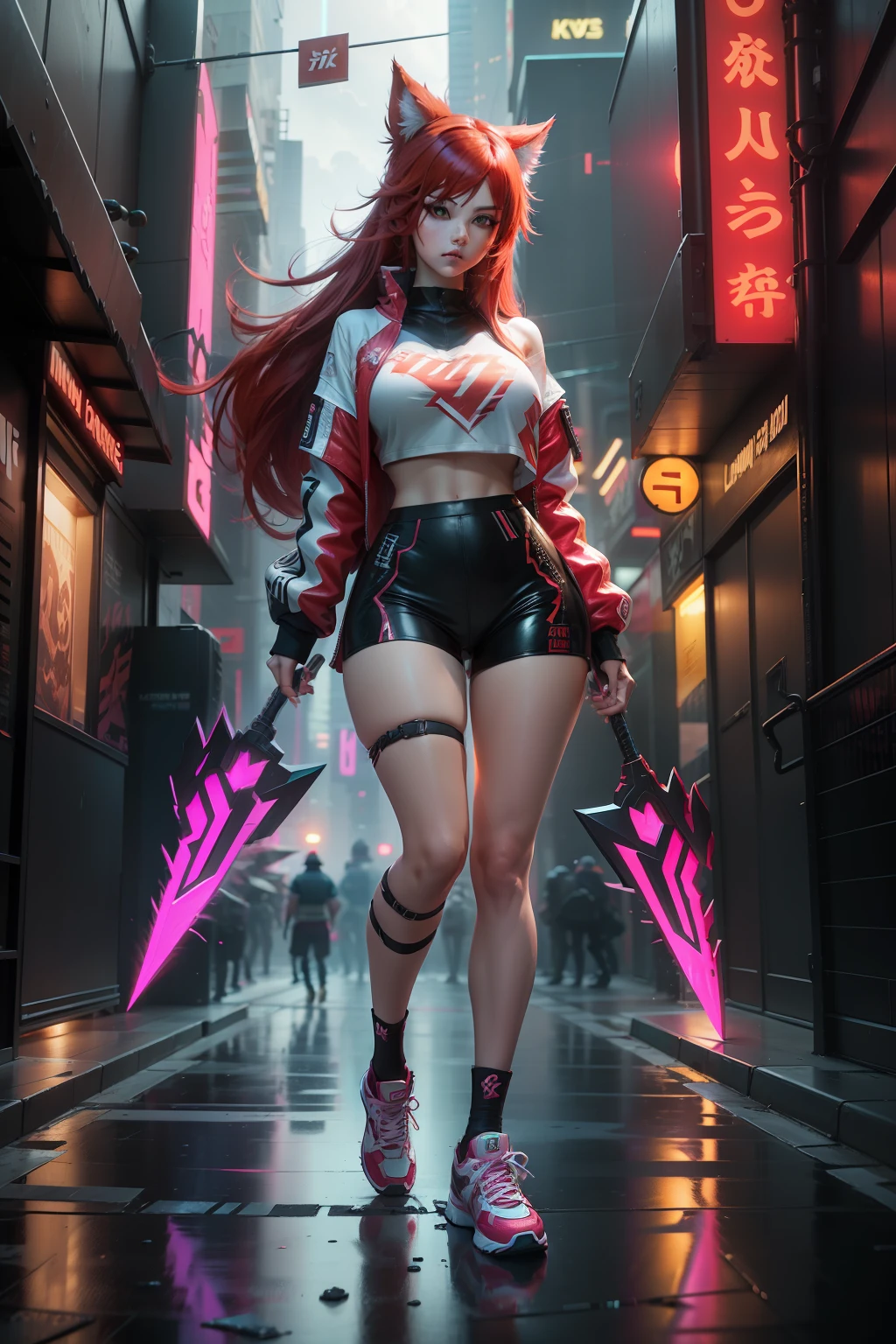 Ahri, red hair, full body shot, character sheet, lightningwave, 3d, cgi, glowing neon, cyberpunk, streetwear outfit, ☂️, neon city, cuber sword oversized tennis shoes comic book art style, massive hammer.