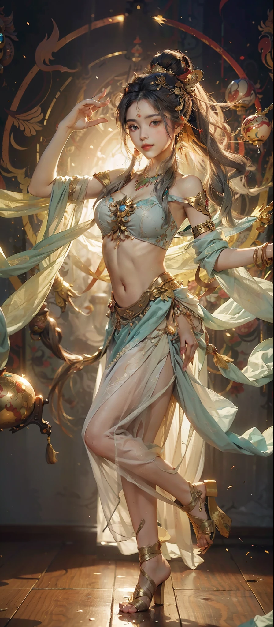 Dunhuang style, 1girle, shoulders, navel, flying fairy, Dunhuang mural in background, dance, gray hair, lots of hair, very long hair, hair ornaments, ribbons, earrings, gold jewelry, hair bubbles, copper bells, red and gold clothes, flowers on the head, gradient eyes, smile, barefoot, no shoes, full body portrait, surrealism, high detail, romanticism, film lighting, glitter, reflected light, masterpiece, super detail, textured skin, anatomically correct, high detail, best quality, High quality, award-winning, 8K
